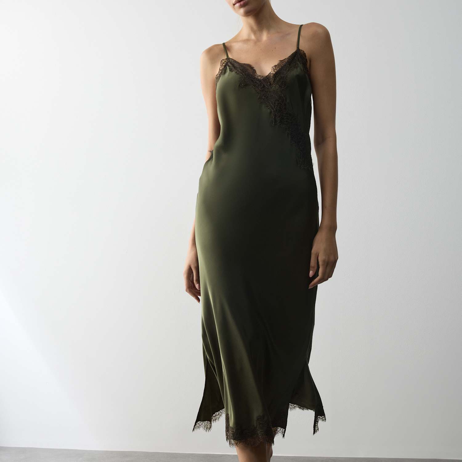 Autograph Women's Satin & Lace Maxi Chemise - 18 - Dark Khaki