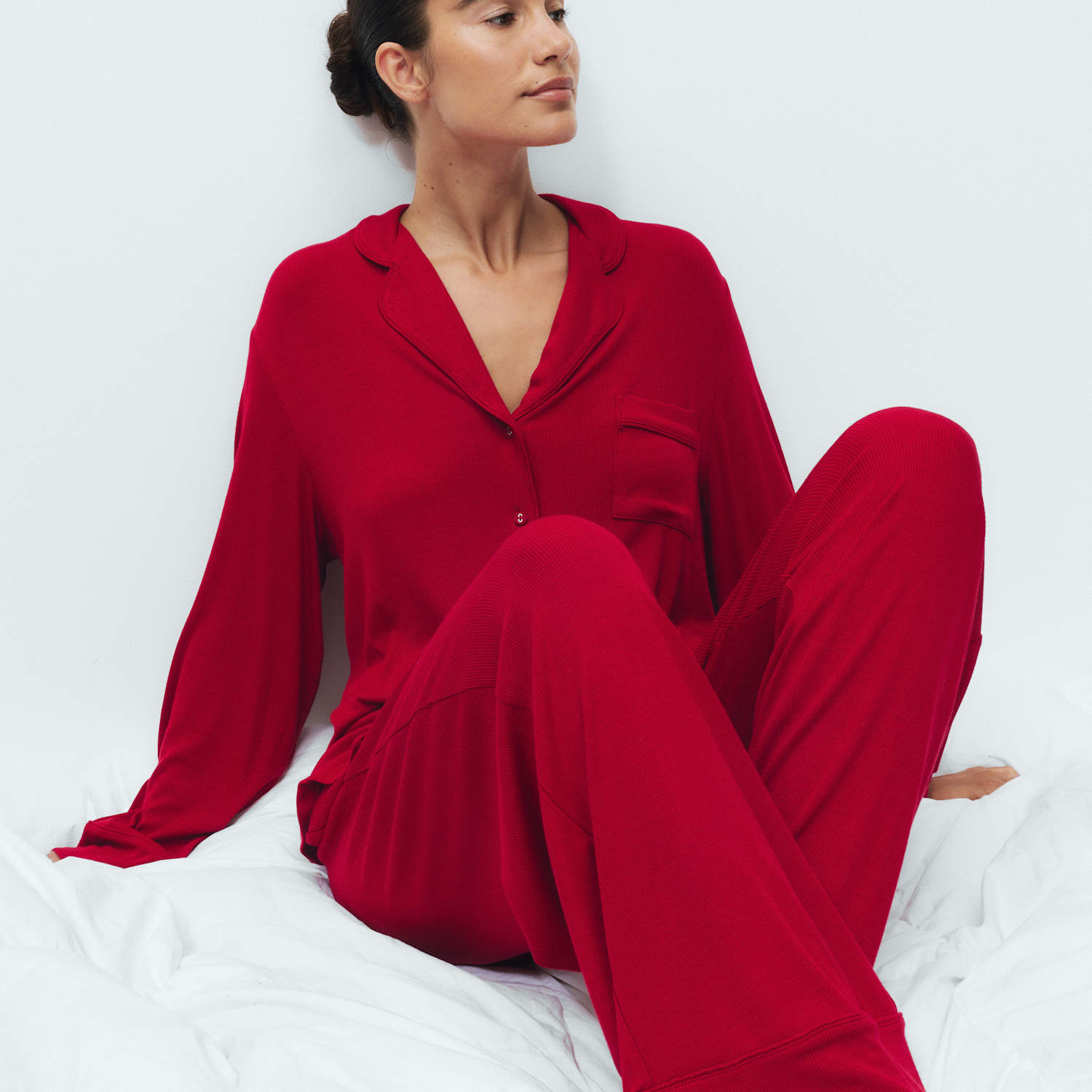 M&S Women's Rib Pyjama Set - Large - Morello Cherry