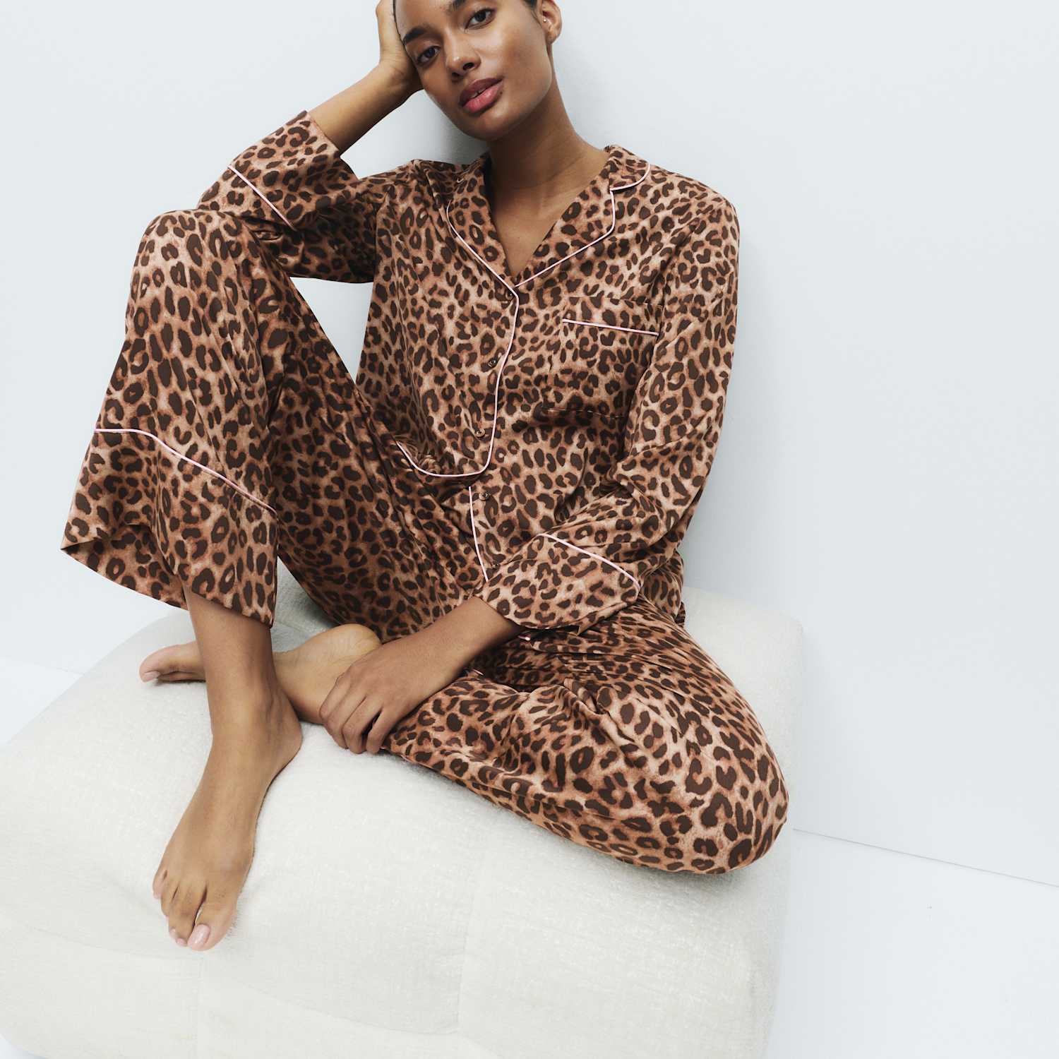 M&S Women's Dream Satin Animal Print Revere Pyjama Set - 10 - Brown Mix