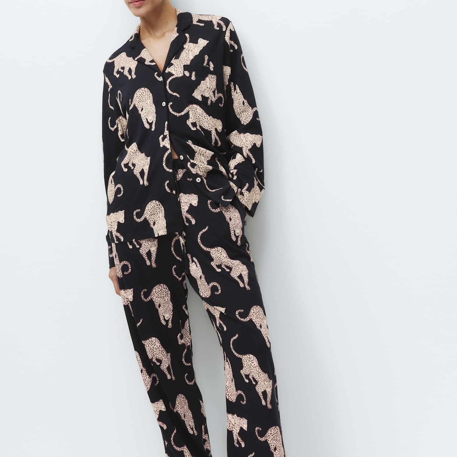 M&S Women's Cotton Modal Printed Revere Pyjama Set - Large - Navy Mix