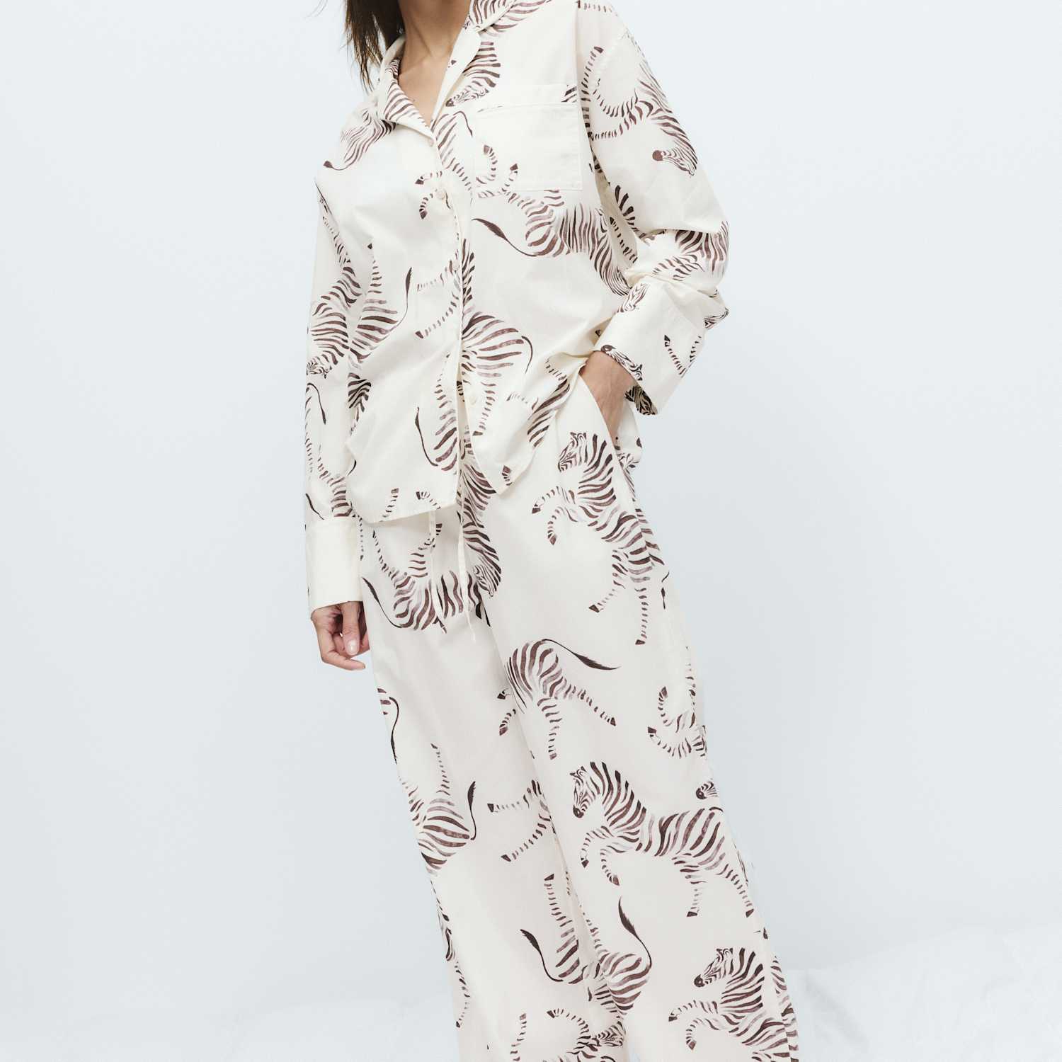 M&S Women's Pure Cotton Poplin Zebra Revere Pyjama Set - 10 - Ivory Mix