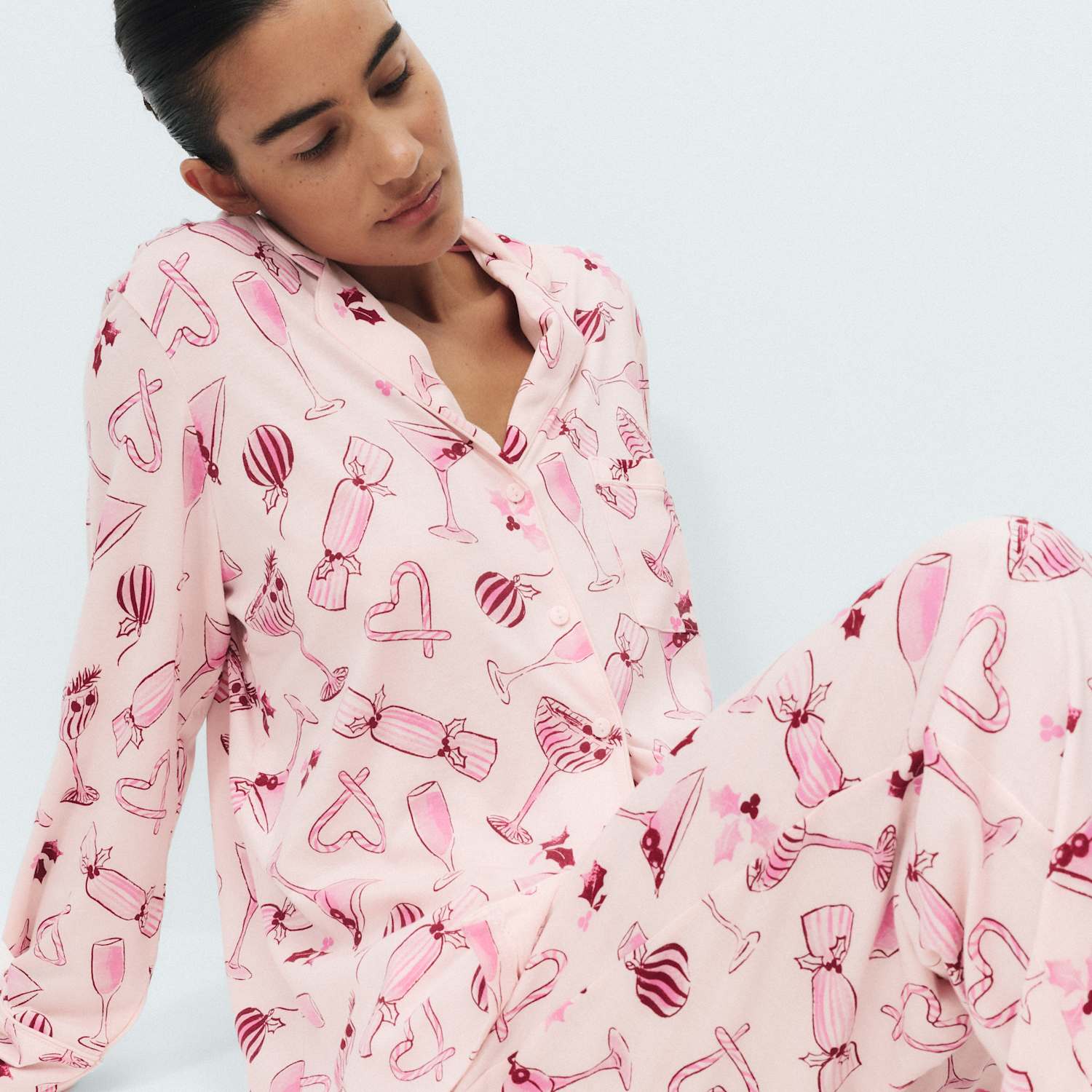 M&S Women's Cotton Modal Printed Revere Long Pyjama Set - Small - Light Pink Mix