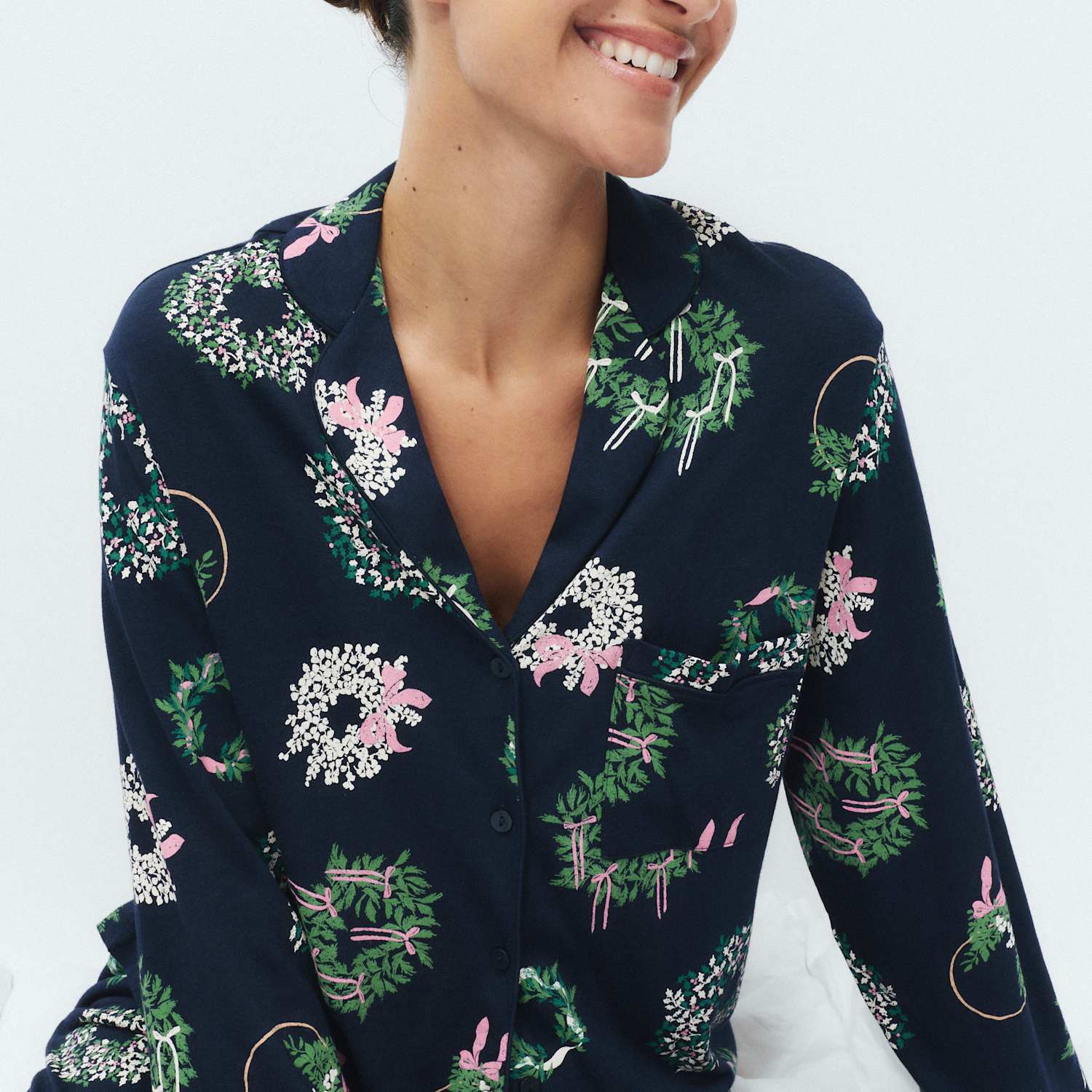 M&S Women's Cotton Modal Printed Revere Long Pyjama Set - Medium - Navy Mix