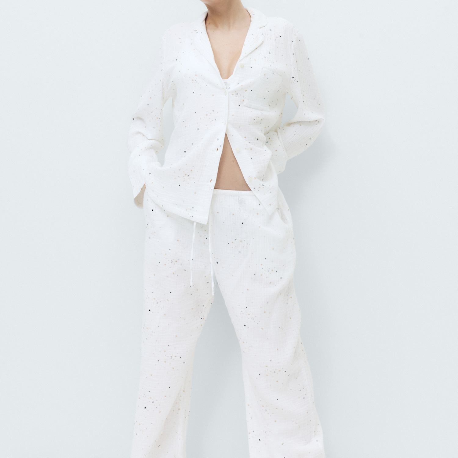M&S Women's Muslin Cool Comfort Star Revere Pyjama Set - 10 - White Mix