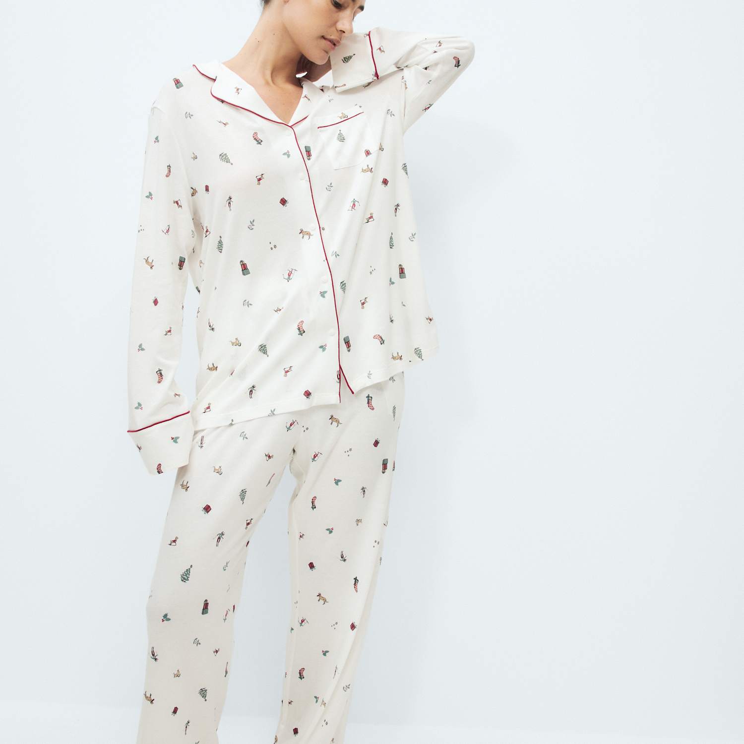 M&S Women's Cotton Modal Printed Matching Family Christmas Pyjamas - Small - Ivory Mix