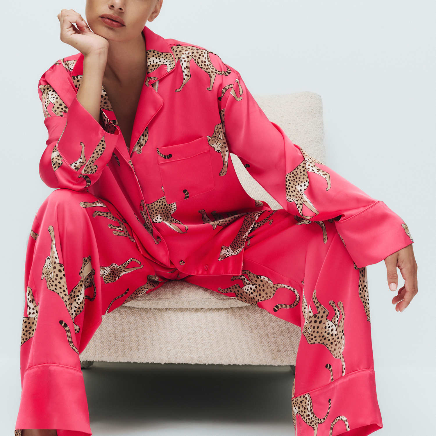 M&S Women's Dream Satin Animal Print Revere Pyjama Set - 16 - Pink Mix