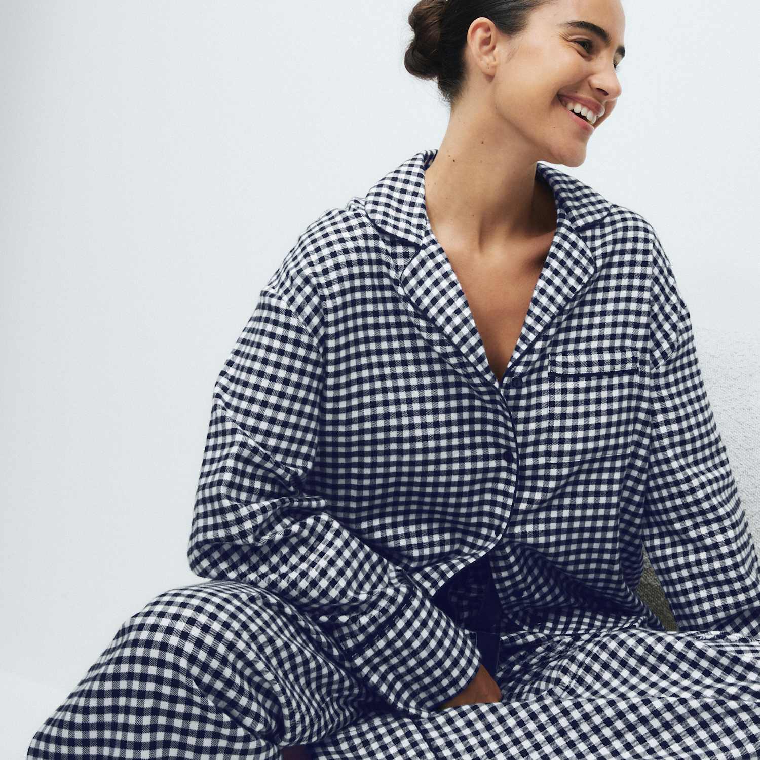 M&S Women's Pure Cotton Gingham Revere Pyjama Set - 12 - Navy Mix