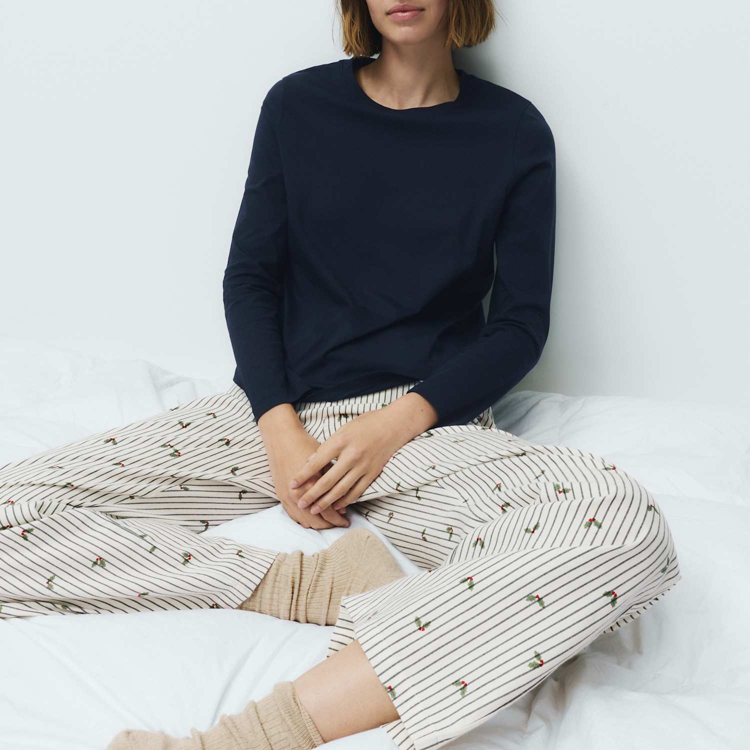 M&S Women's Pure Cotton Striped Pyjama Set - 12 - Navy Mix