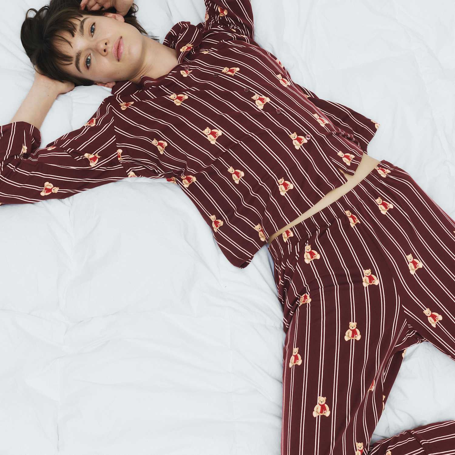 M&S Women's Spencer Bear Striped Christmas Family Pyjamas - Large - Burgundy Mix