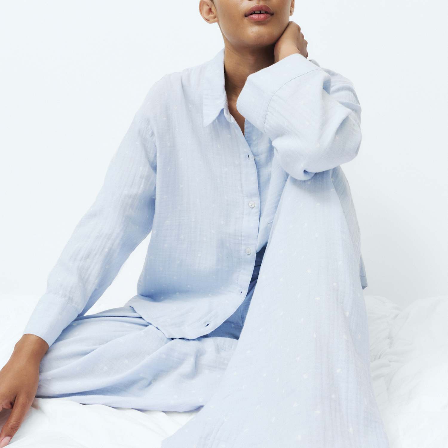 M&S Women's Pure Cotton Muslin Print Pyjama Set - 10 - Blue Mix