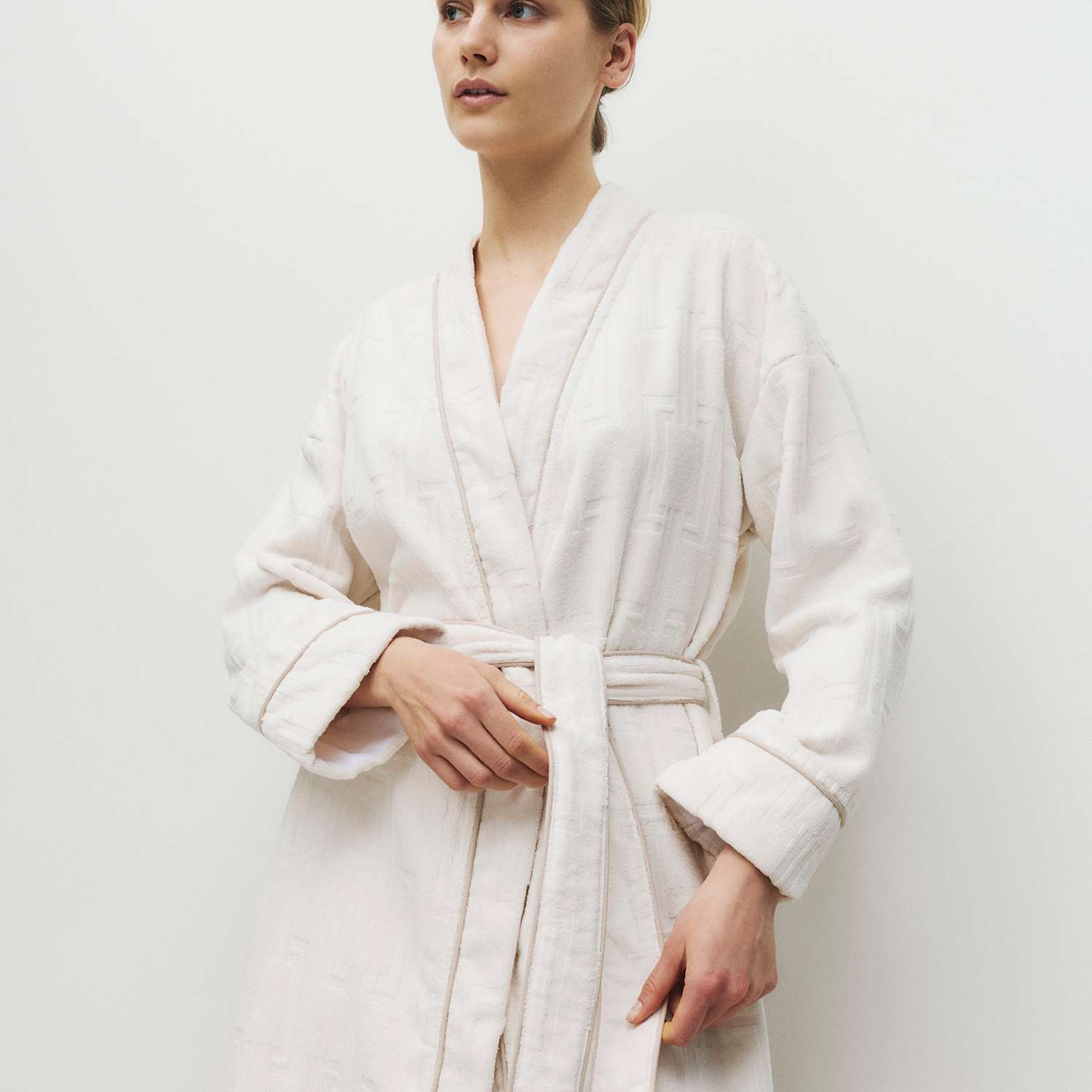 M&S X Kelly Hoppen Women's Pure Cotton Towelling Jacquard Dressing Gown - Large - Cream Mix