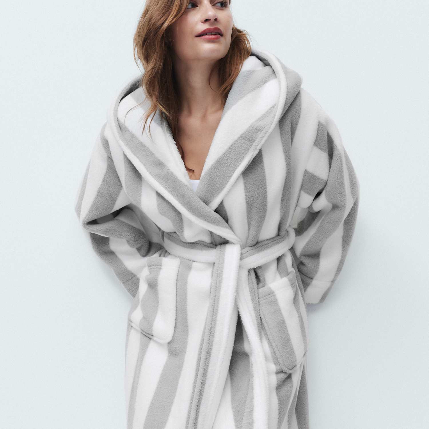 M&S Women's Wide Stripe Hooded Dressing Gown - Medium - Grey Mix