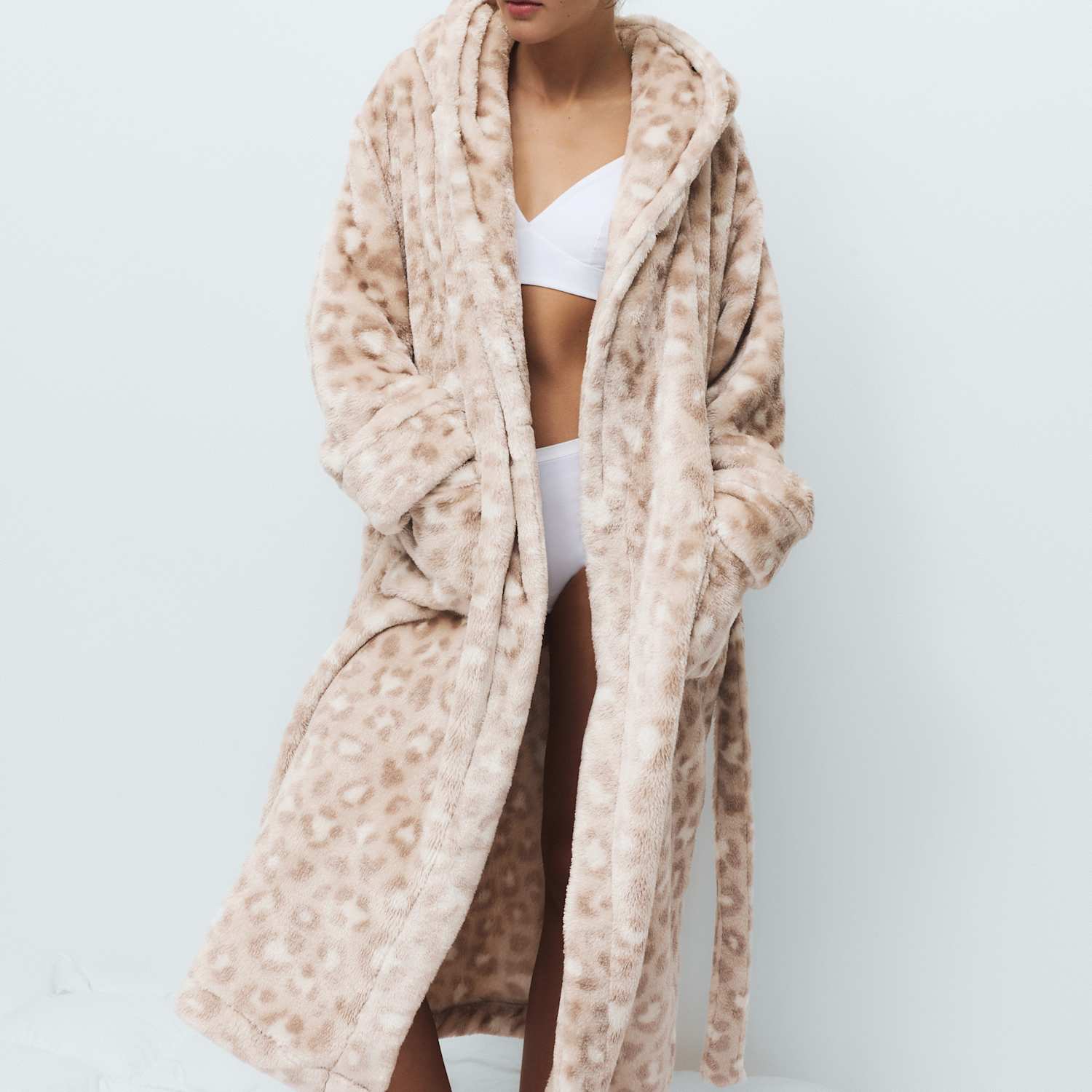 M&S Women's Fleece Leopard Print Dressing Gown - Medium - Neutral