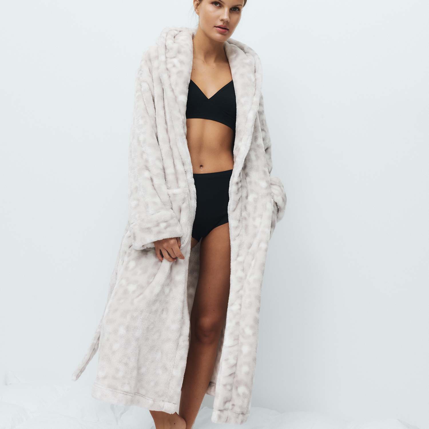 M&S Women's Fleece Leopard Print Dressing Gown - Small - Grey Mix