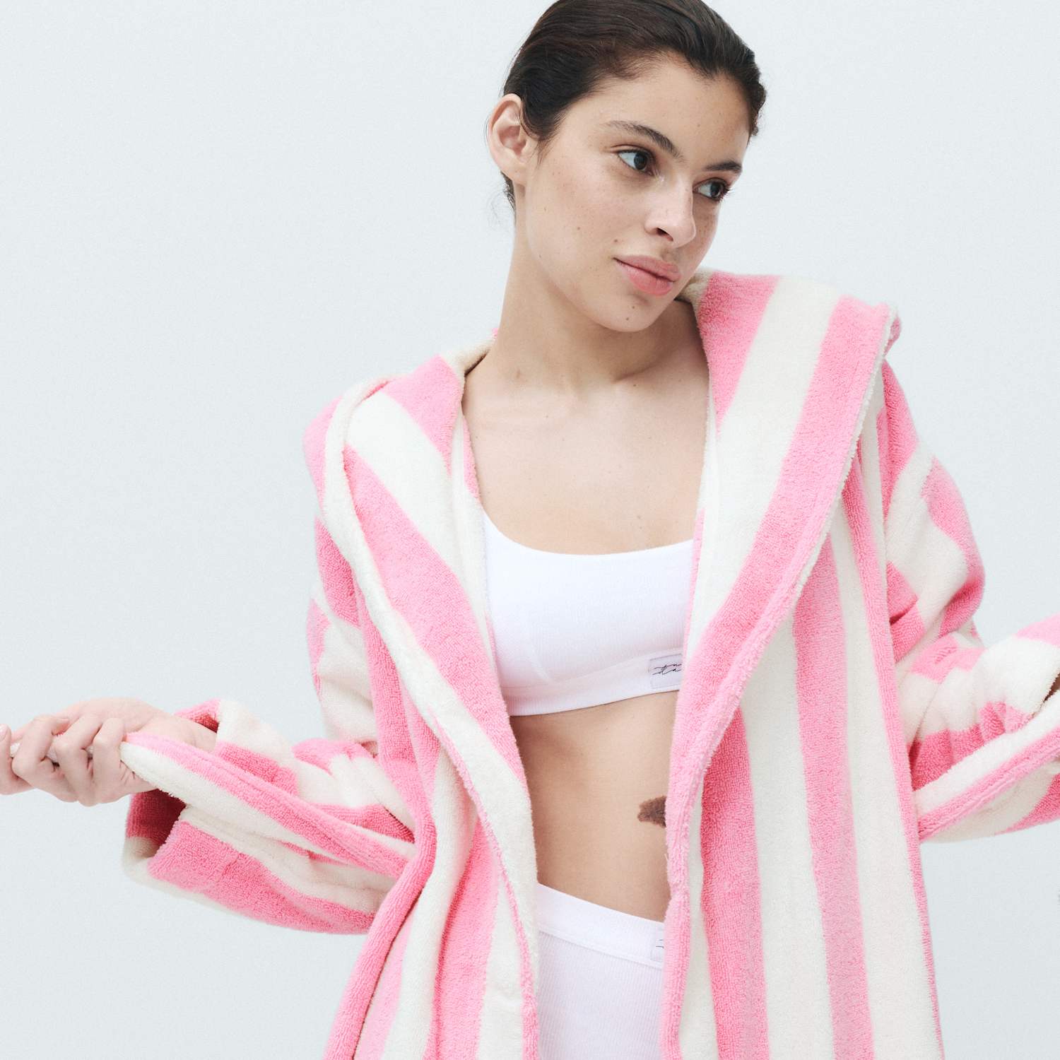 M&S Women's Pure Cotton Towelling Striped Dressing Gown - Medium - Pink Mix