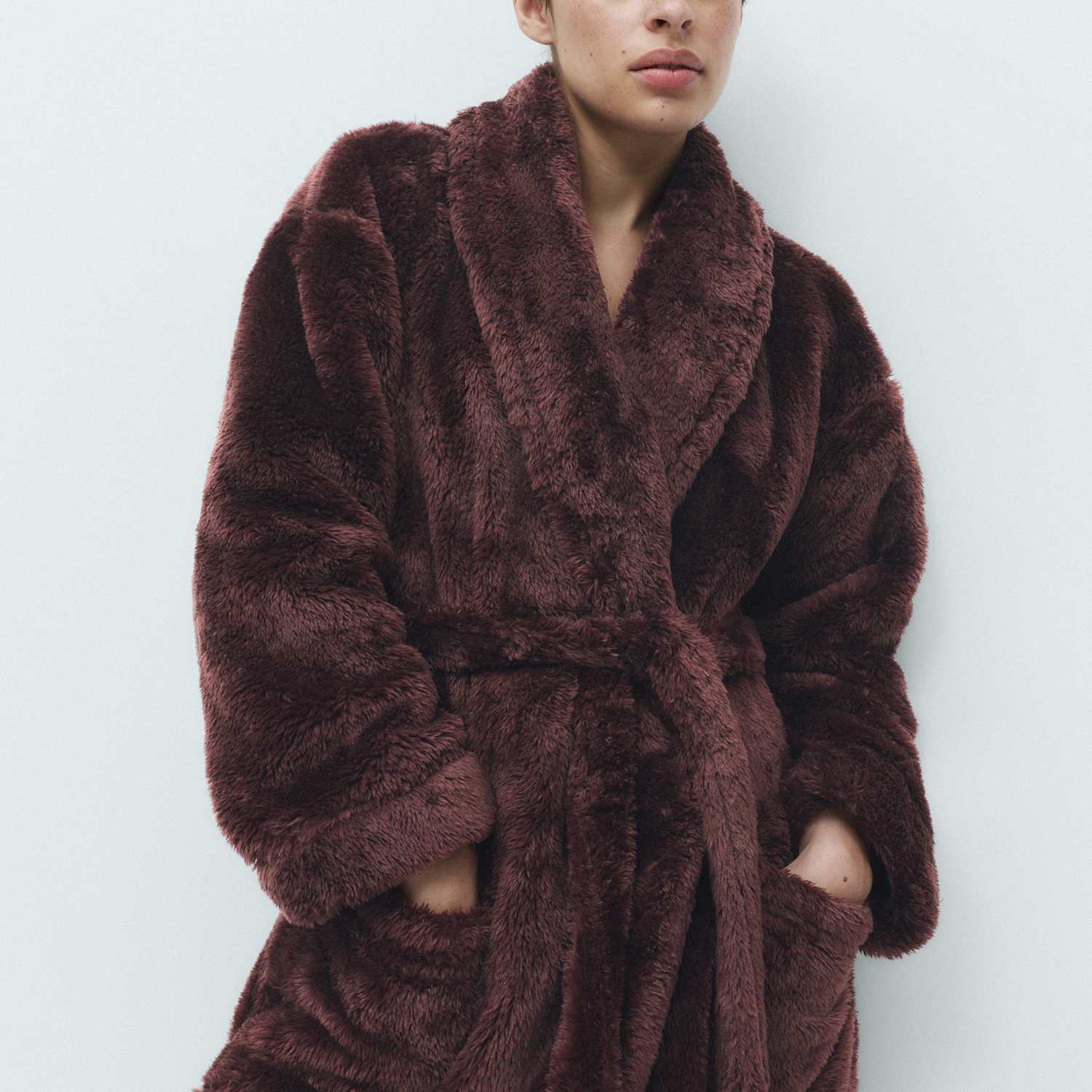 M&S Women's Long Pile Shawl Collar Dressing Gown - Small - Burgundy
