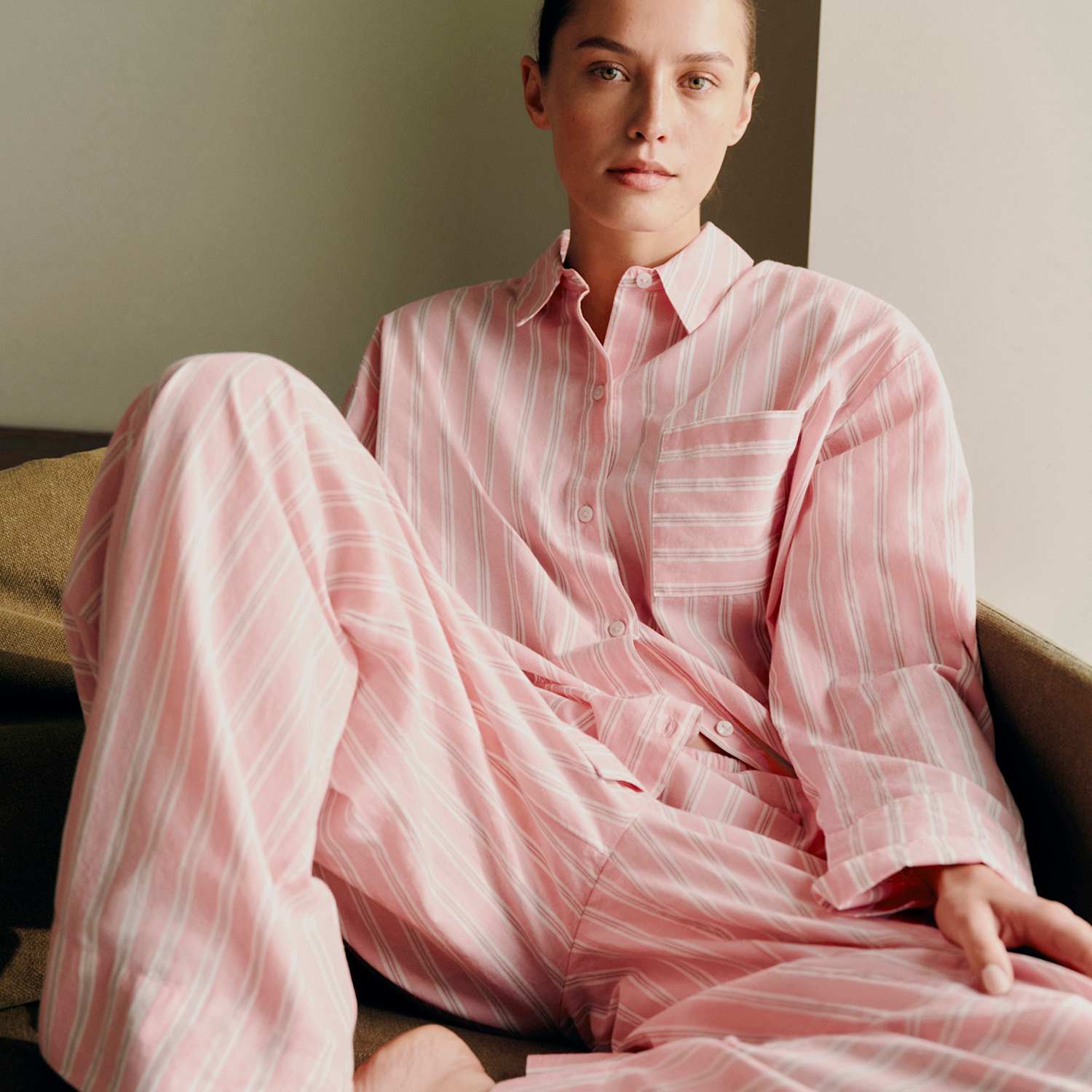 M&S Women's Pure Cotton Striped Pyjama Shirt - 12 - Pink Mix