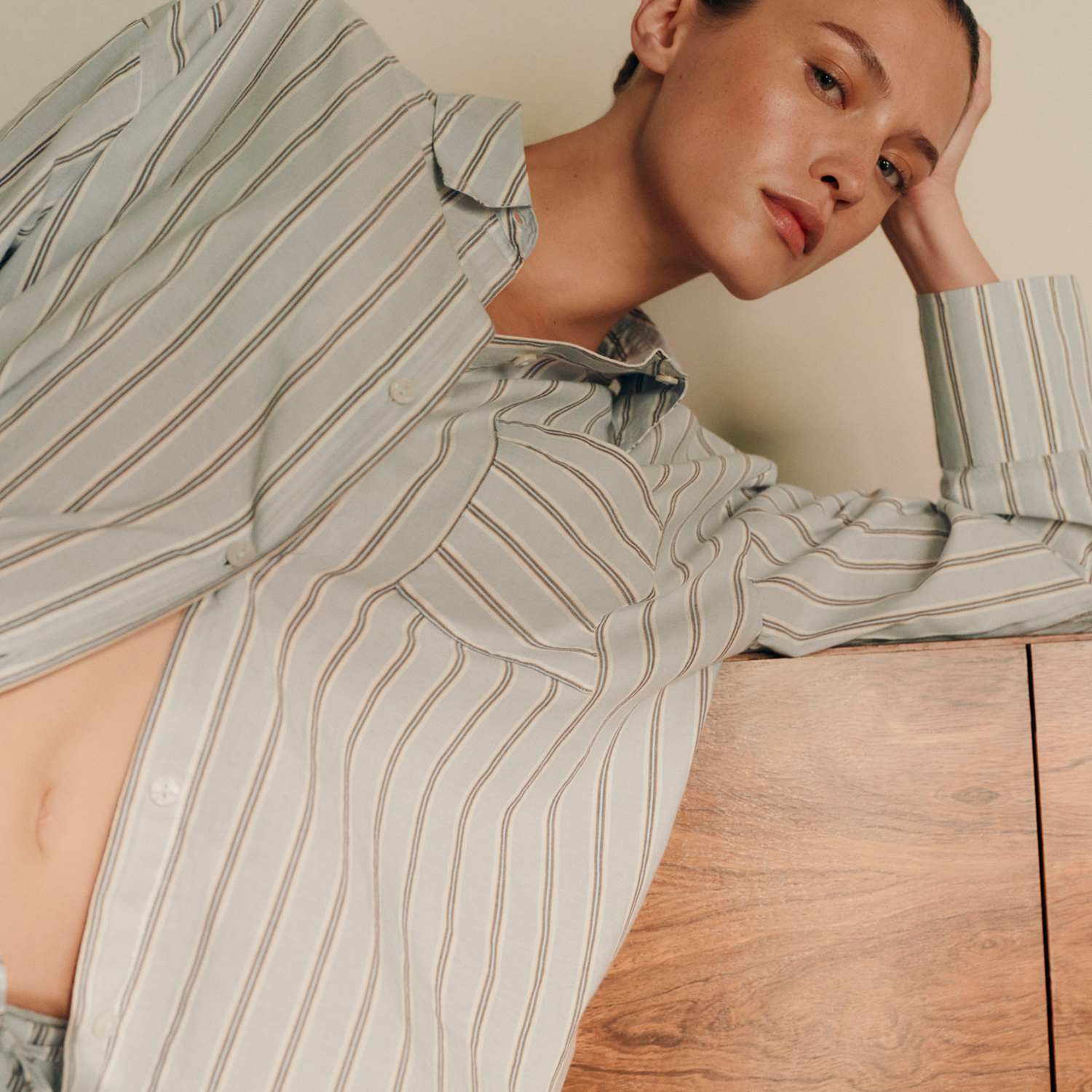 M&S Women's Pure Cotton Striped Pyjama Shirt - 8 - Blue Mix