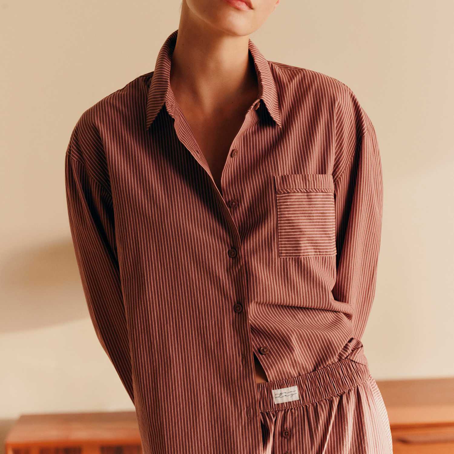 M&S Women's Pure Cotton Poplin Striped Pyjama Shirt - 18 - Burgundy