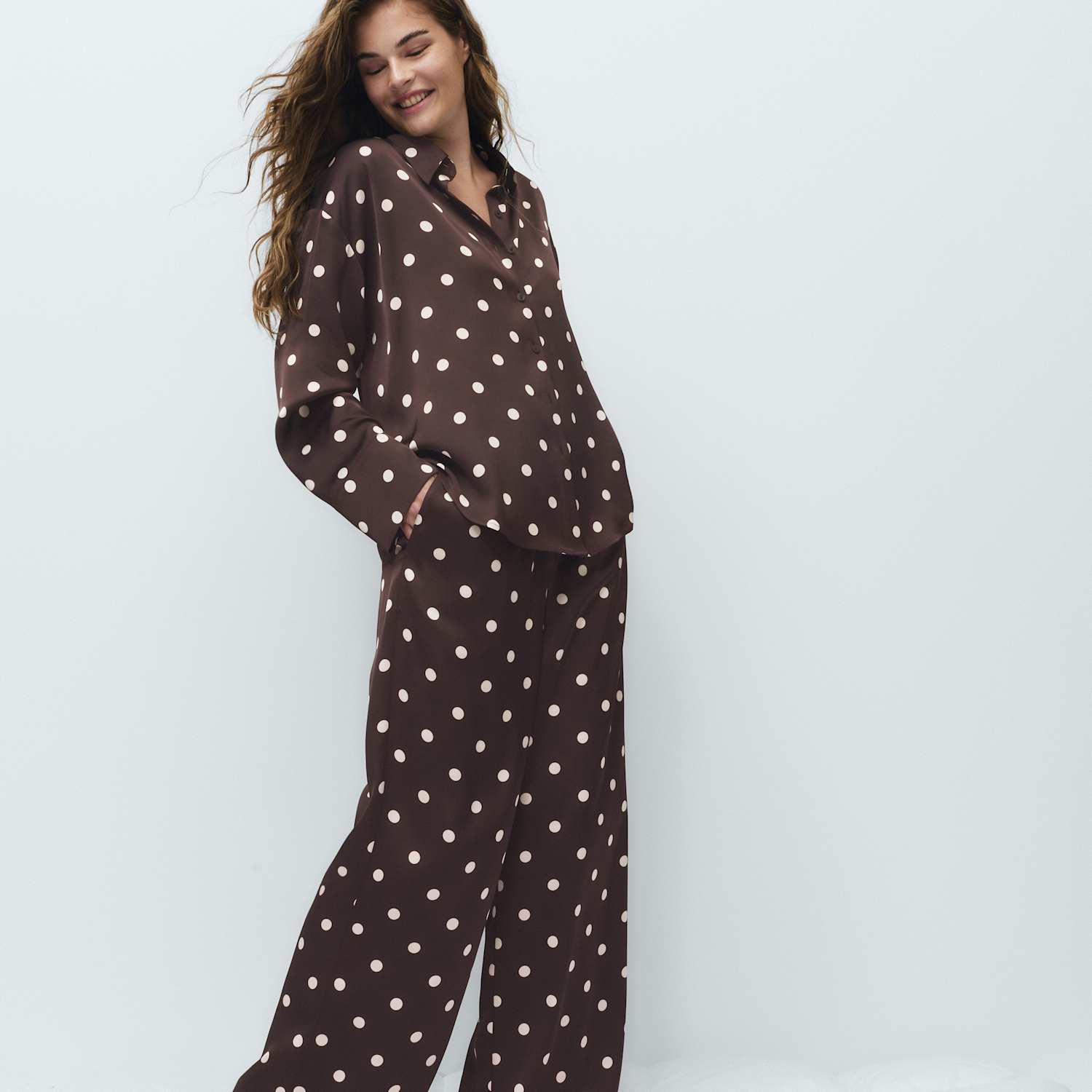 M&S Women's Dream Satin Printed Pyjama Shirt - 16 - Brown Mix