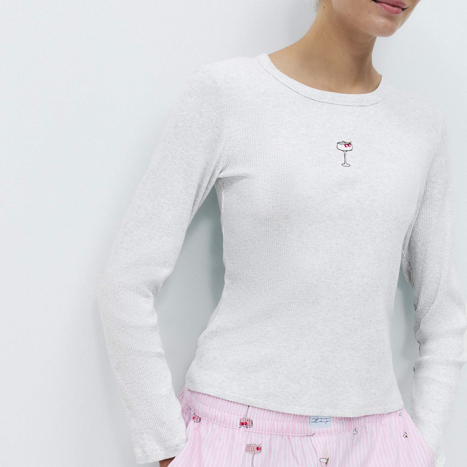 M&S Women's Cotton Modal Ribbed Embroidered Pyjama Top - Large - Grey Mix