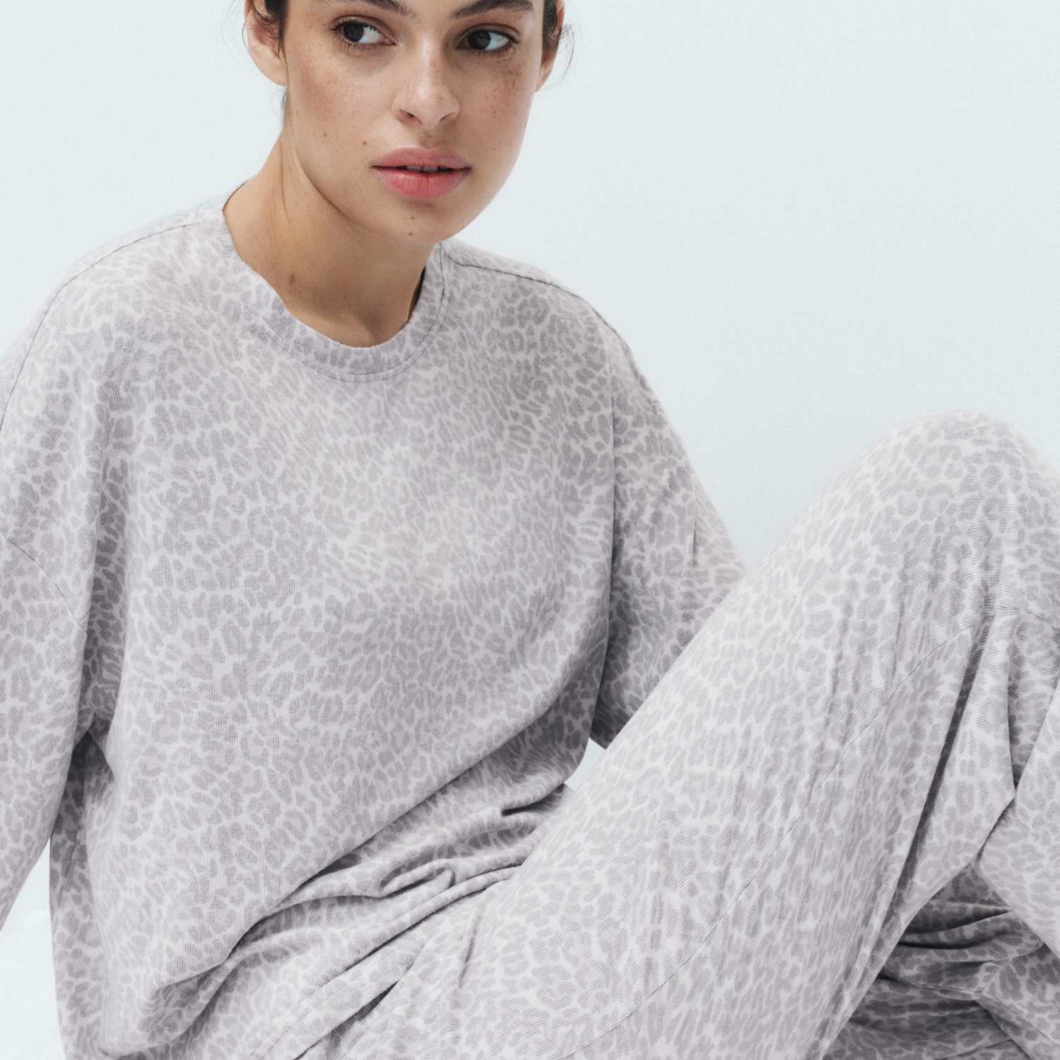M&S Women's Cosy Knit Printed Cuffed Pyjama Set - Small - Grey Mix