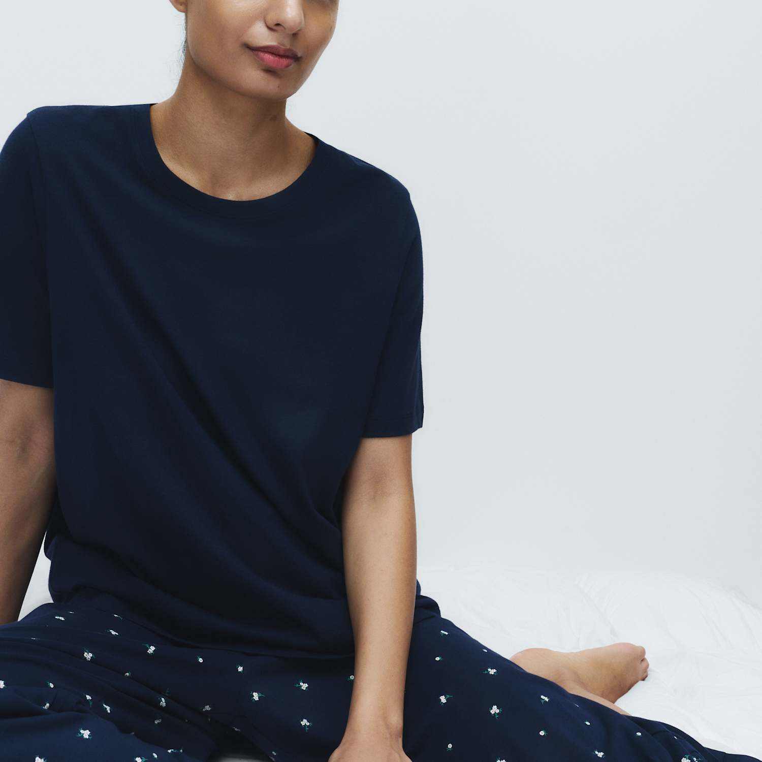 M&S Women's Cotton Rich Printed Cropped Pyjama Set - Large - Navy Mix