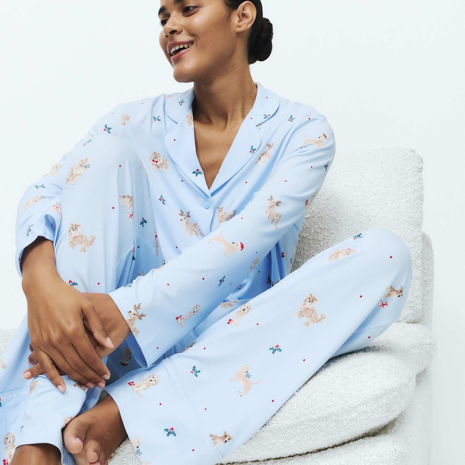 M&S Women's Soft Touch Printed Revere Pyjama Set - Small - Blue Mix