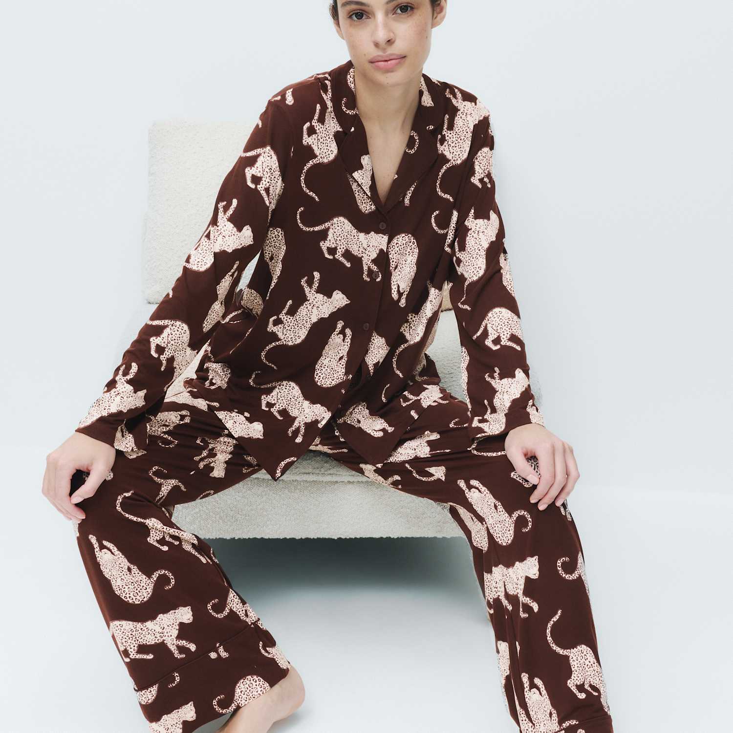 M&S Women's Soft Touch Printed Revere Pyjama Set - Medium - Brown Mix