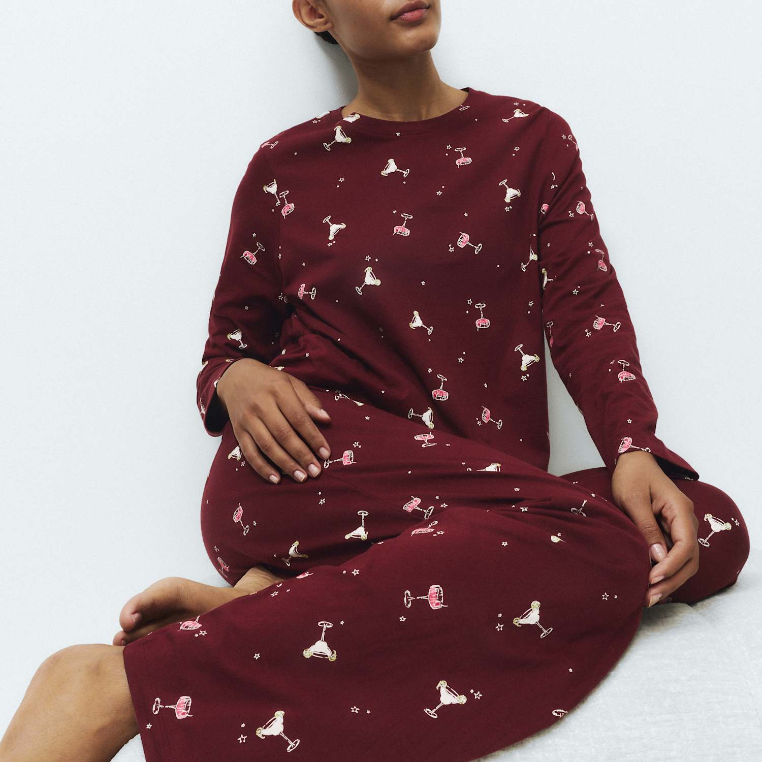 M&S Women's Pure Cotton Printed Pyjama Set - Small - Burgundy