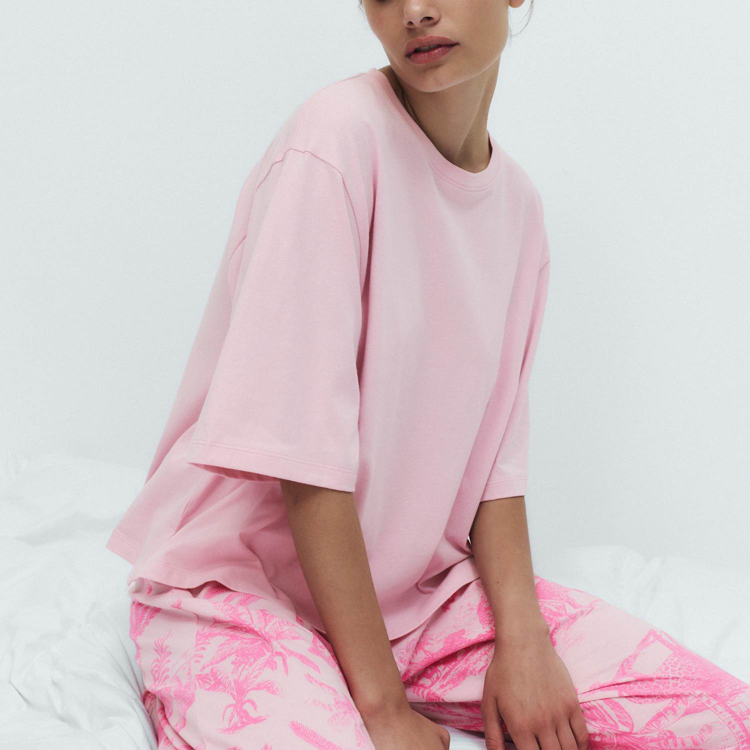 M&S Women's Pure Cotton Printed Drop Shoulder Pyjama Set - Small - Pink Mix