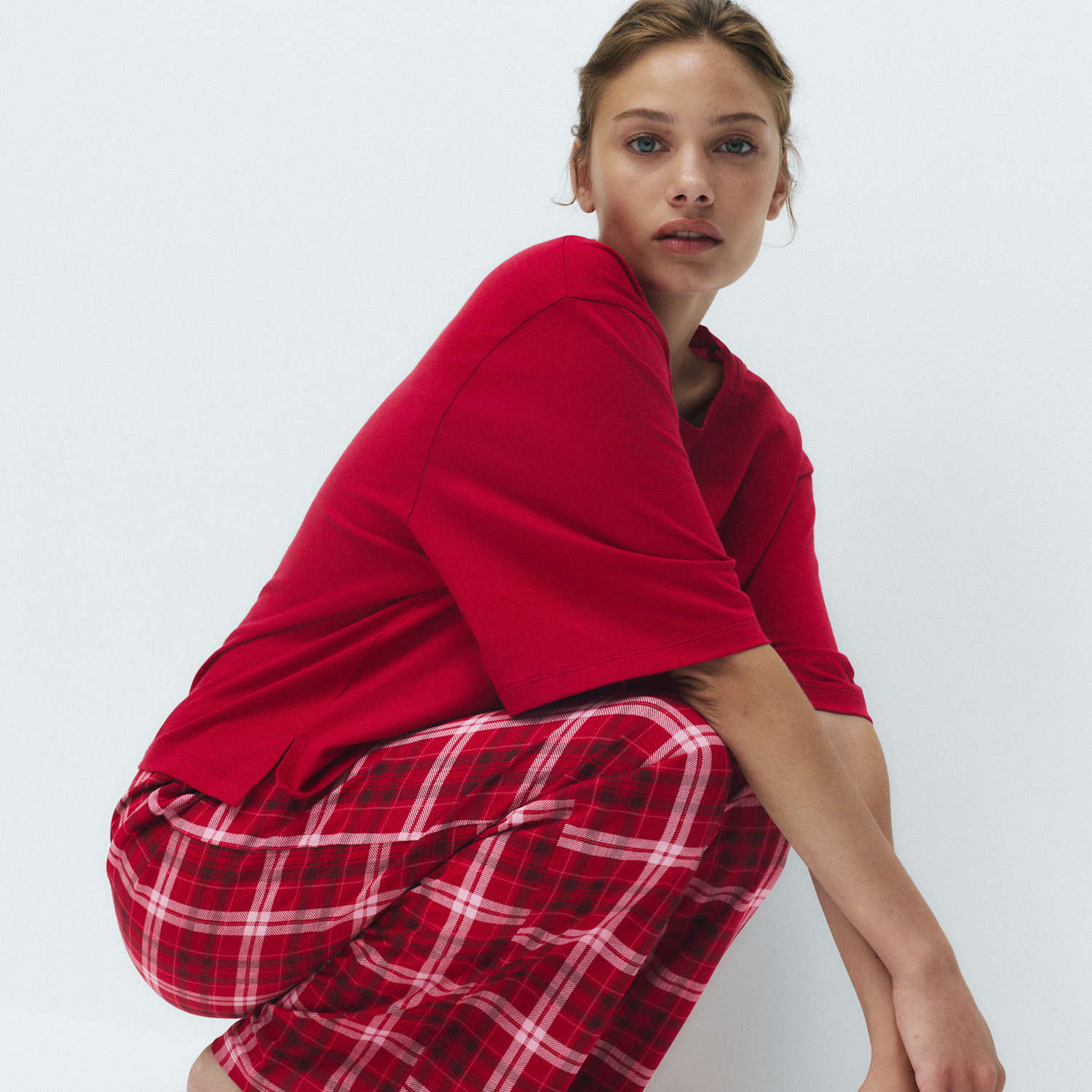 M&S Women's Pure Cotton Printed Drop Shoulder Pyjama Set - Medium - Red Mix