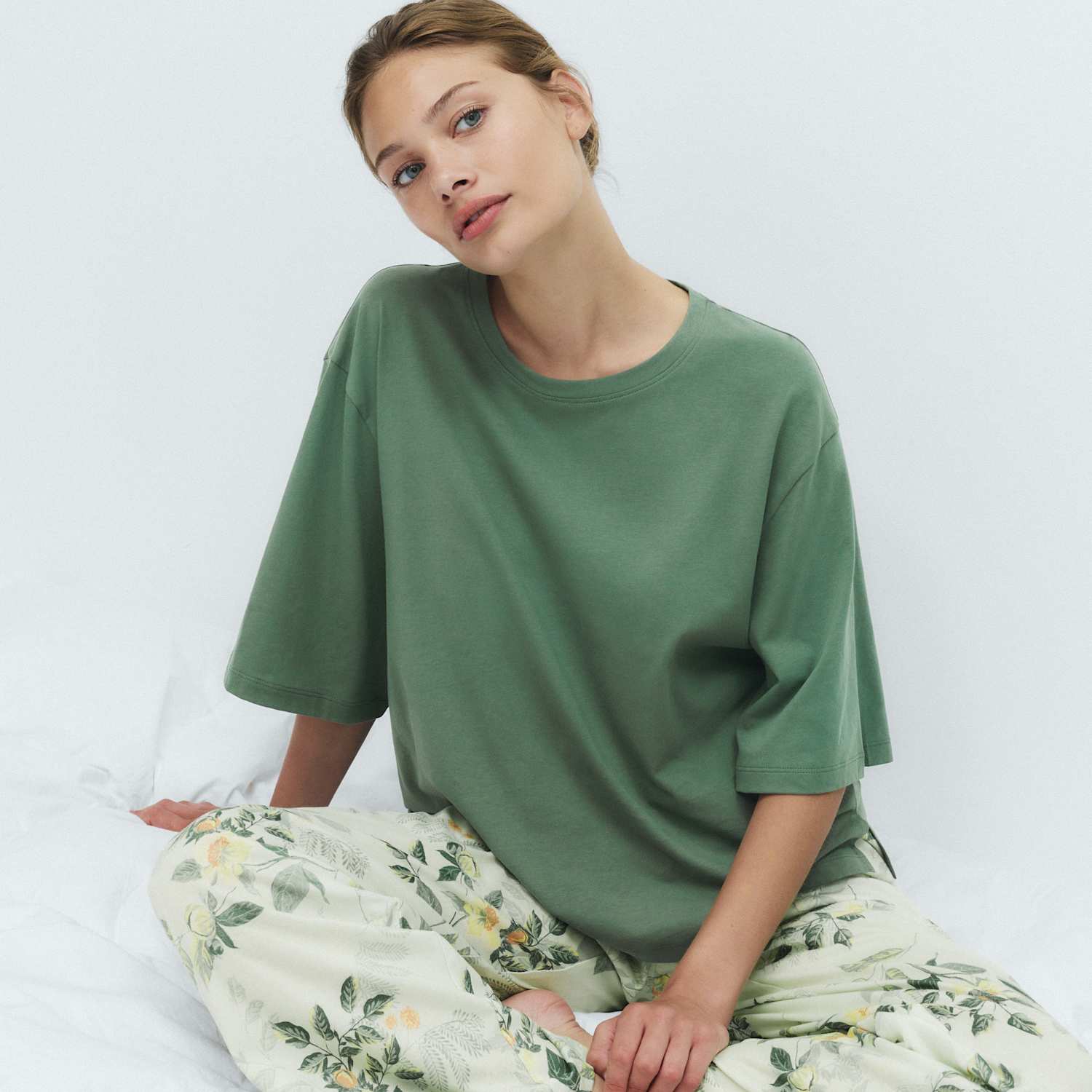 M&S Women's Pure Cotton Printed Drop Shoulder Pyjama Set - Extra Small - Green Mix