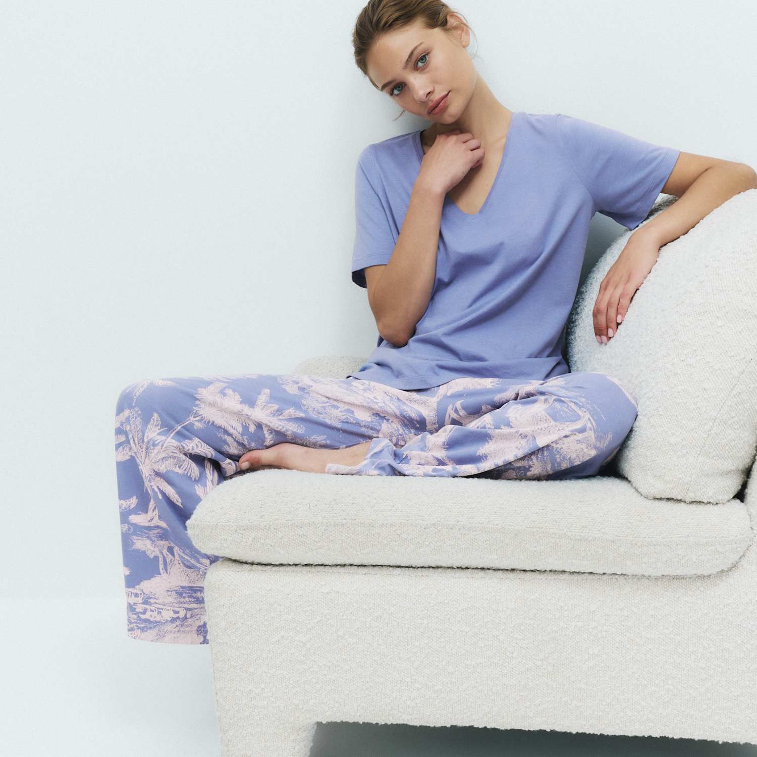 M&S Women's Pure Cotton Printed V Neck Pyjama Set - Small - Blue Mix