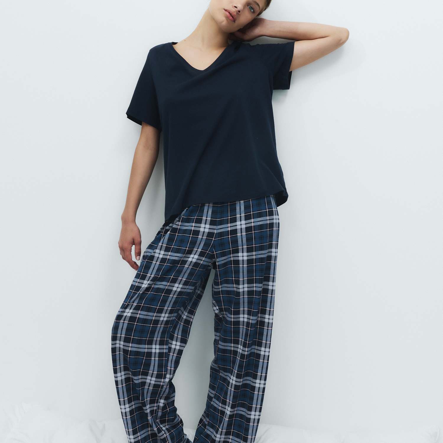 M&S Women's Pure Cotton Printed V Neck Pyjama Set - Small - Navy Mix