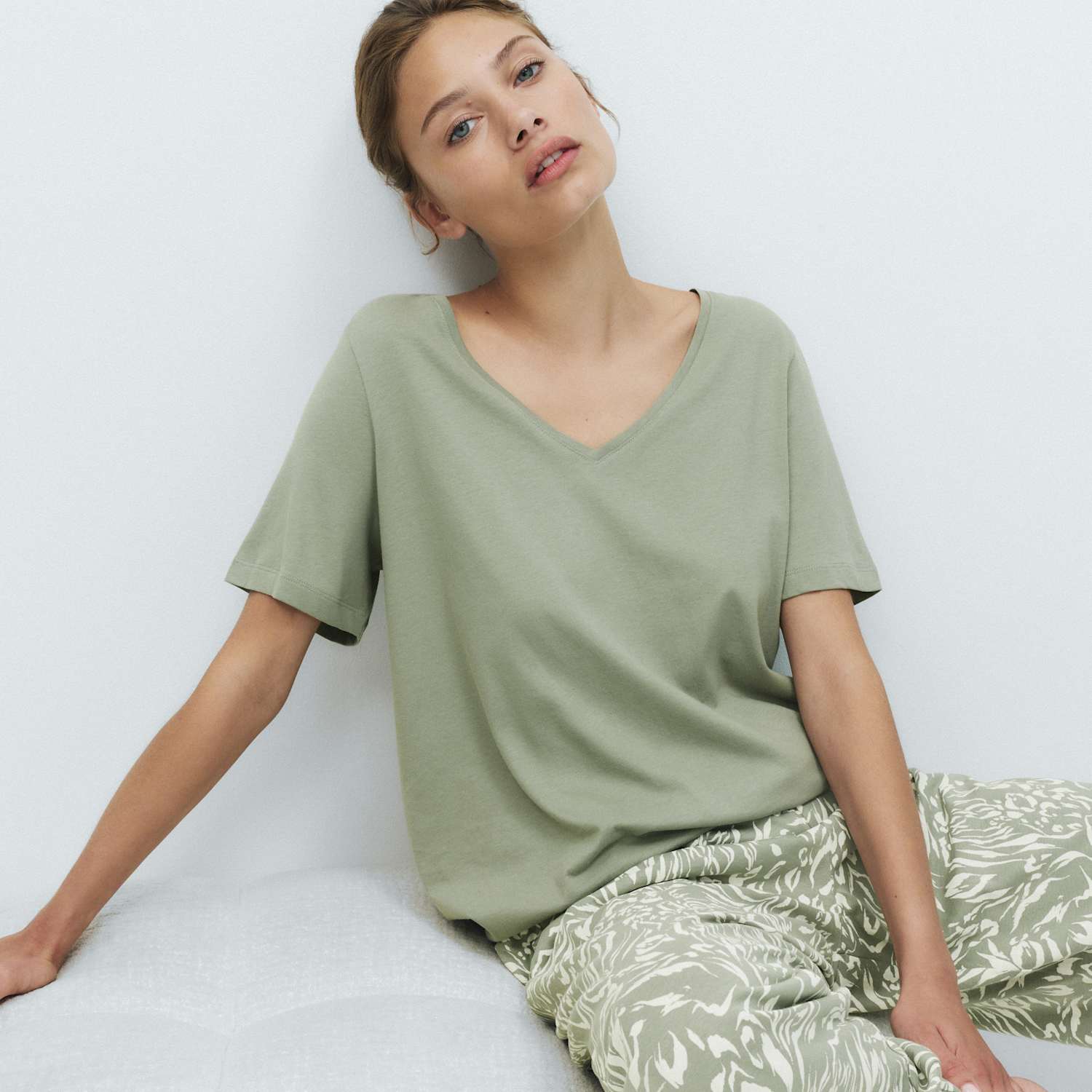 M&S Women's Pure Cotton Printed V Neck Pyjama Set - Small - Green Mix