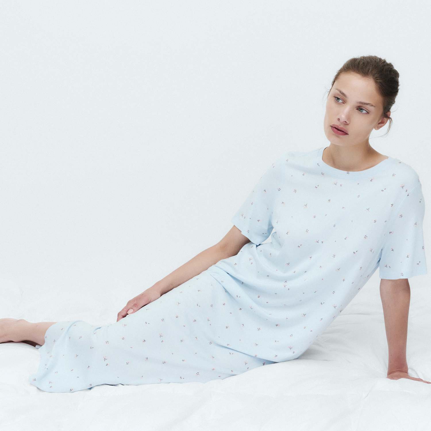 M&S Women's Cotton Modal Printed Long Nightdress - Extra Small - Light Blue Mix