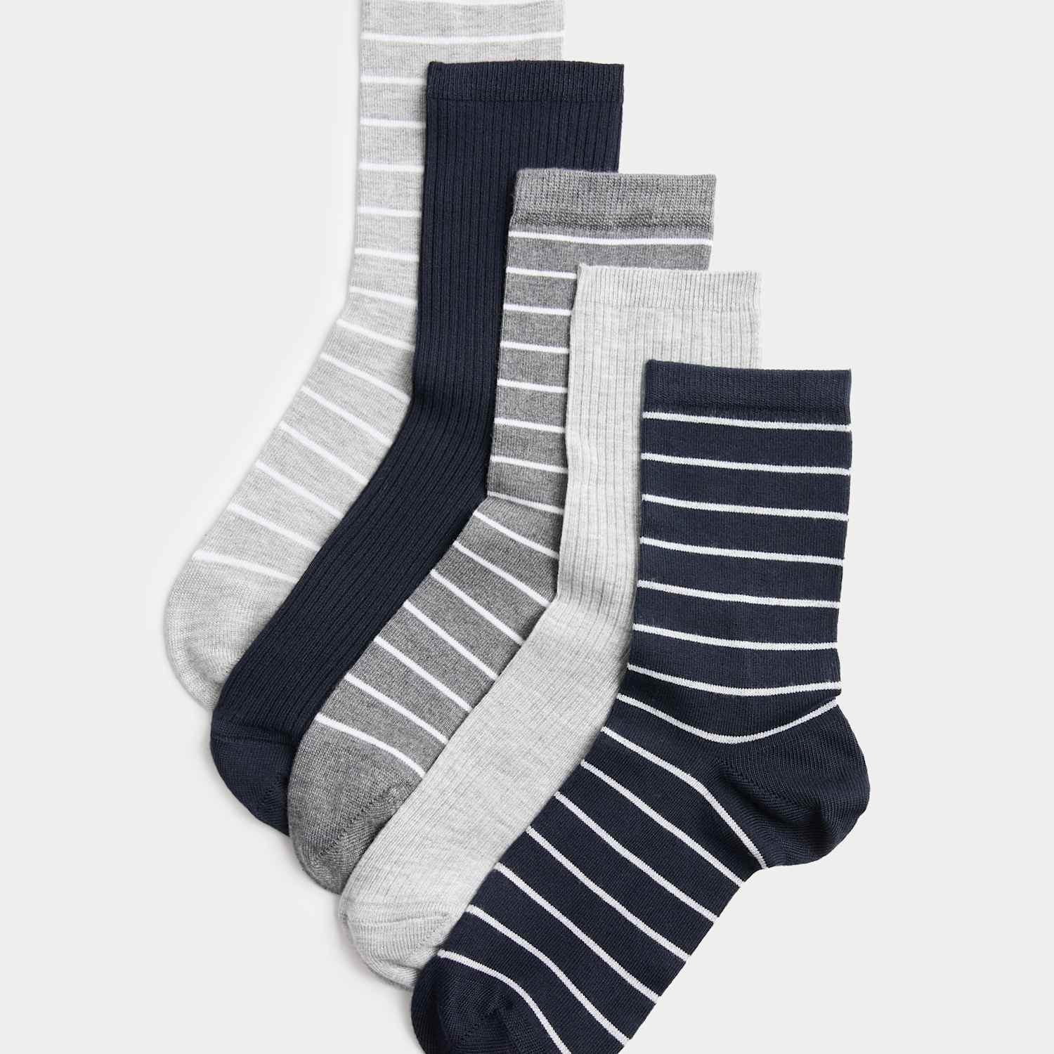 M&S Women's 5 Pack Supersoft Striped Crew Socks - 6-8 - Navy Mix
