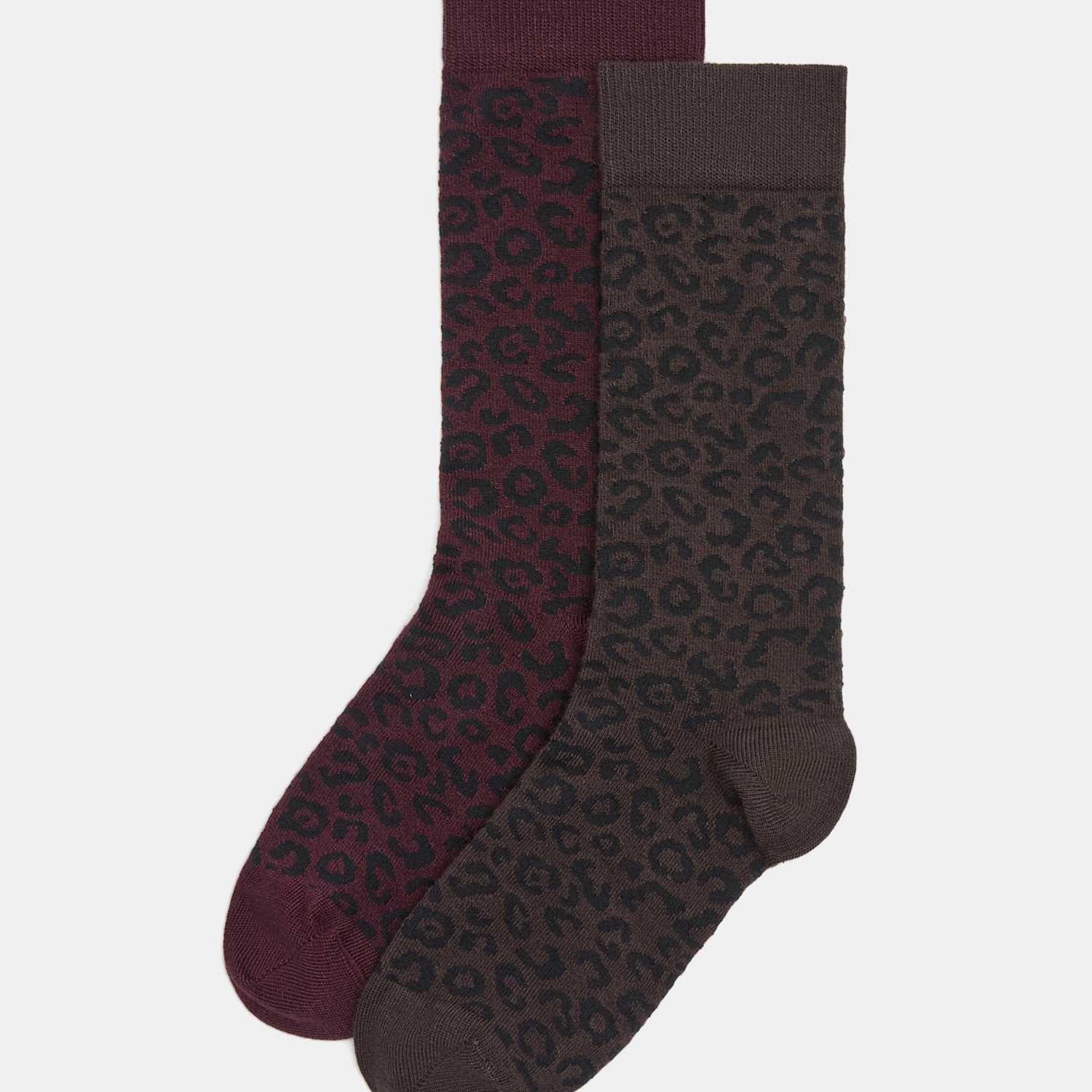 M&S Women's 2 Pack Leopard Print Ankle High Socks - 3-5 - Chocolate Mix