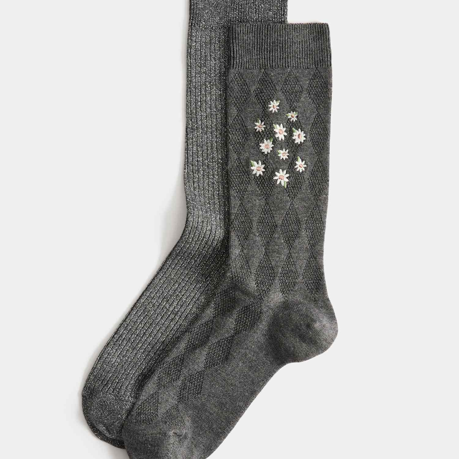 M&S Women's 2 Pack Embroidered Ankle High Socks - 3-5 - Charcoal Mix