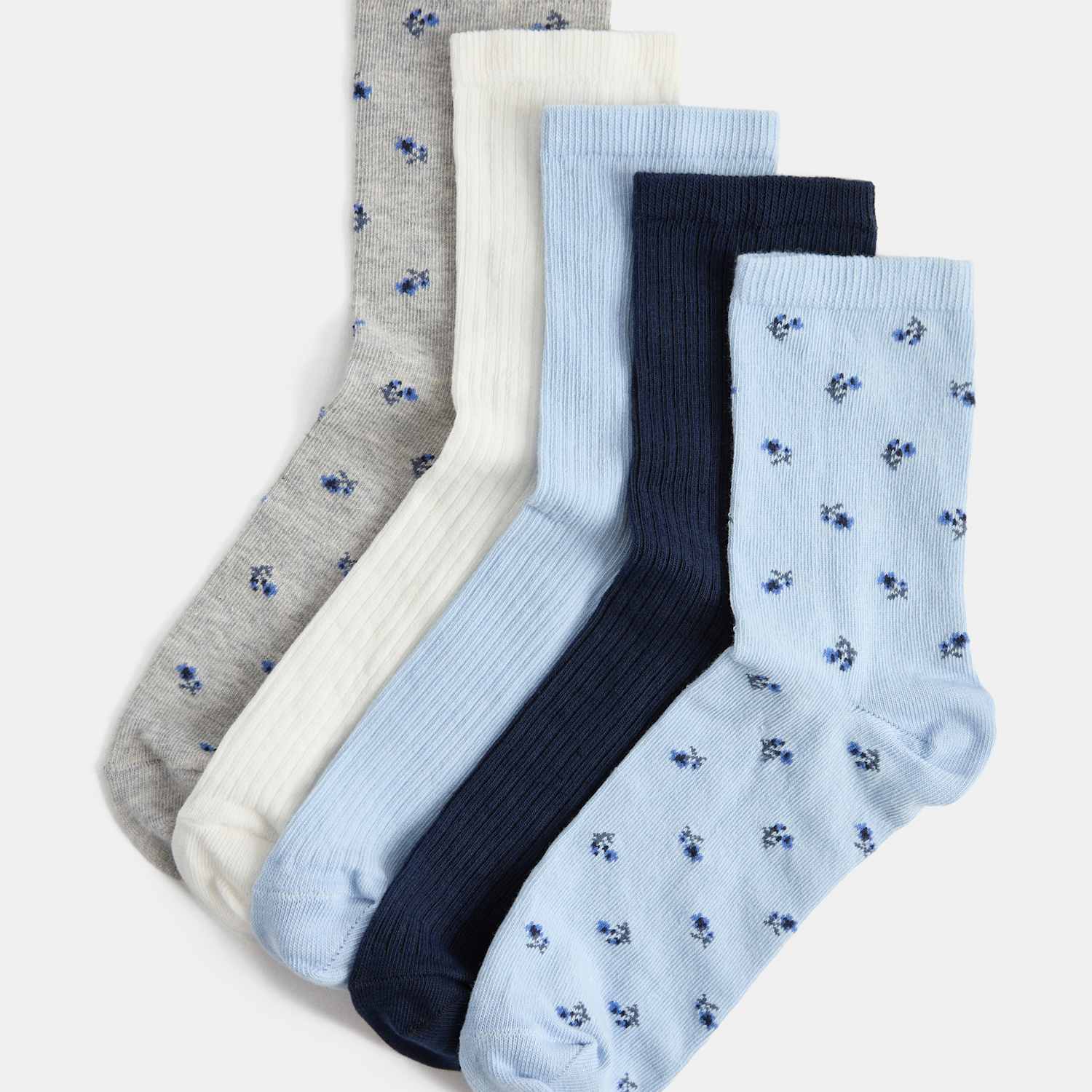 M&S Women's 5 Pack Cotton Rich Floral Crew Socks - 3-5 - Blue Mix