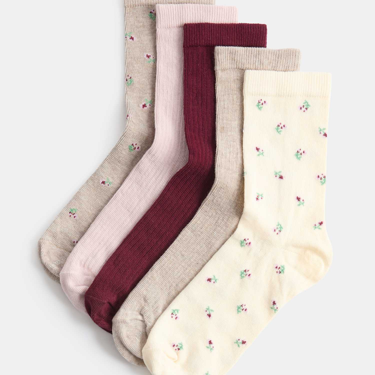 M&S Women's 5 Pack Cotton Rich Floral Crew Socks - 6-8 - Natural Mix