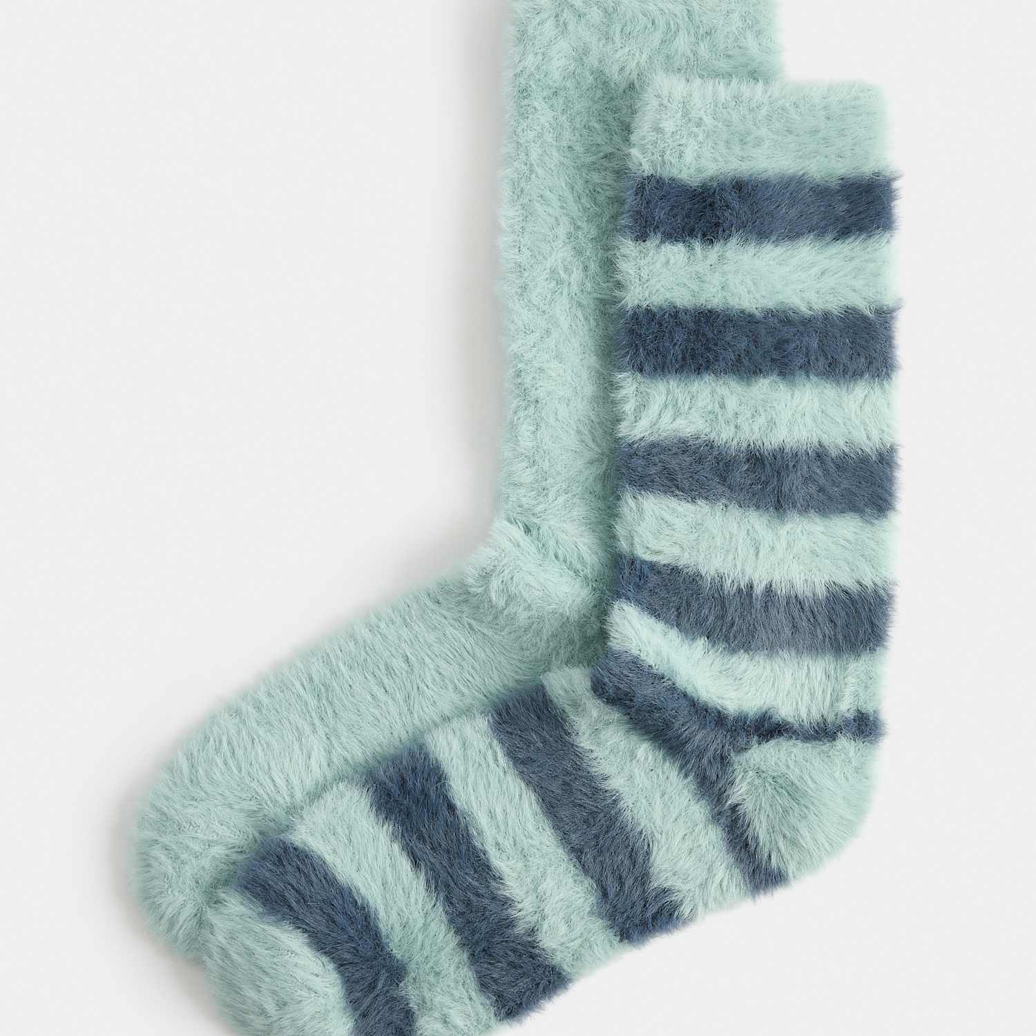 M&S Women's 2 Pack Cosy Striped Fluffy Socks - Blue Mix