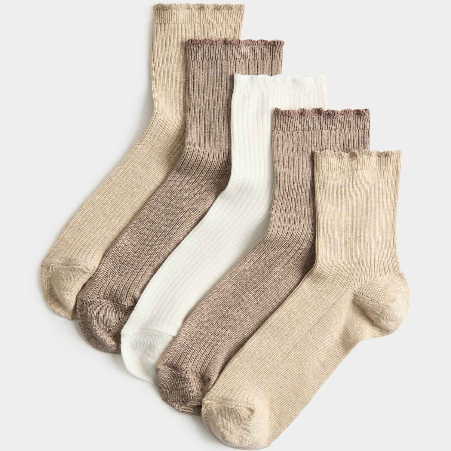 M&S Women's 5 Pack Supersoft Ribbed Quarter Socks - 6-8 - Natural Mix