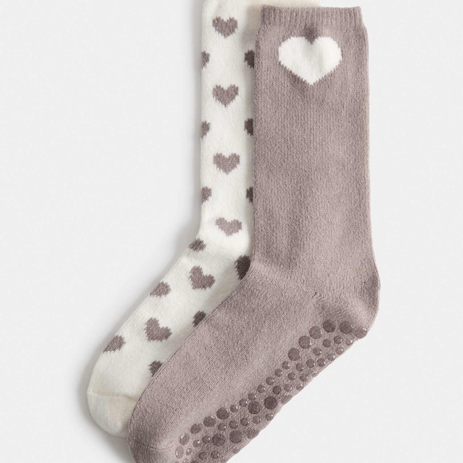 M&S Women's 2 Pack Heart Slipper Socks - Natural Mix