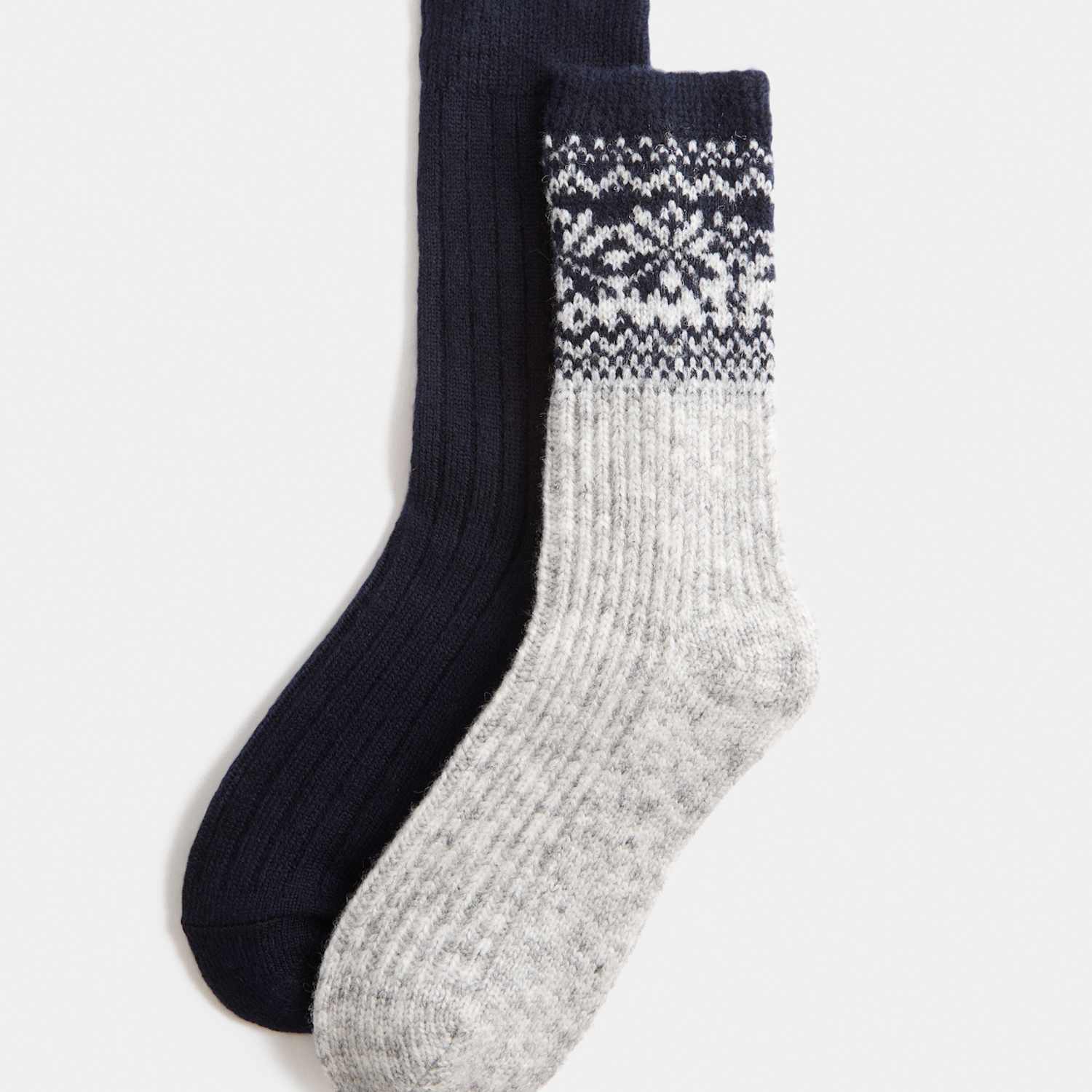 M&S Women's 2 Pack Thermal Fairisle Ribbed Crew Socks - 3-5 - Navy Mix