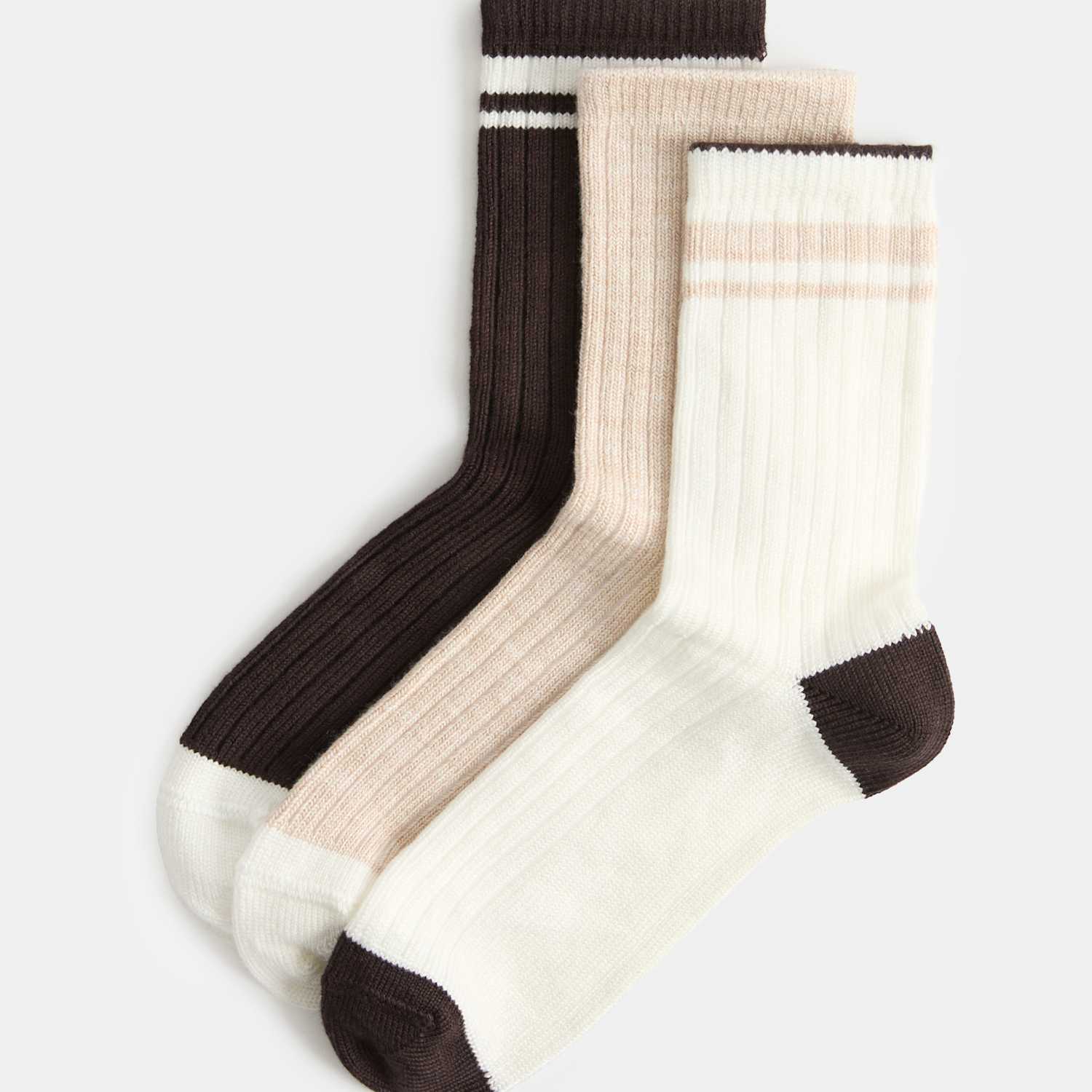 M&S Women's 3 Pack Thermal Super Soft Striped Crew Socks - 3-5 - Brown Mix