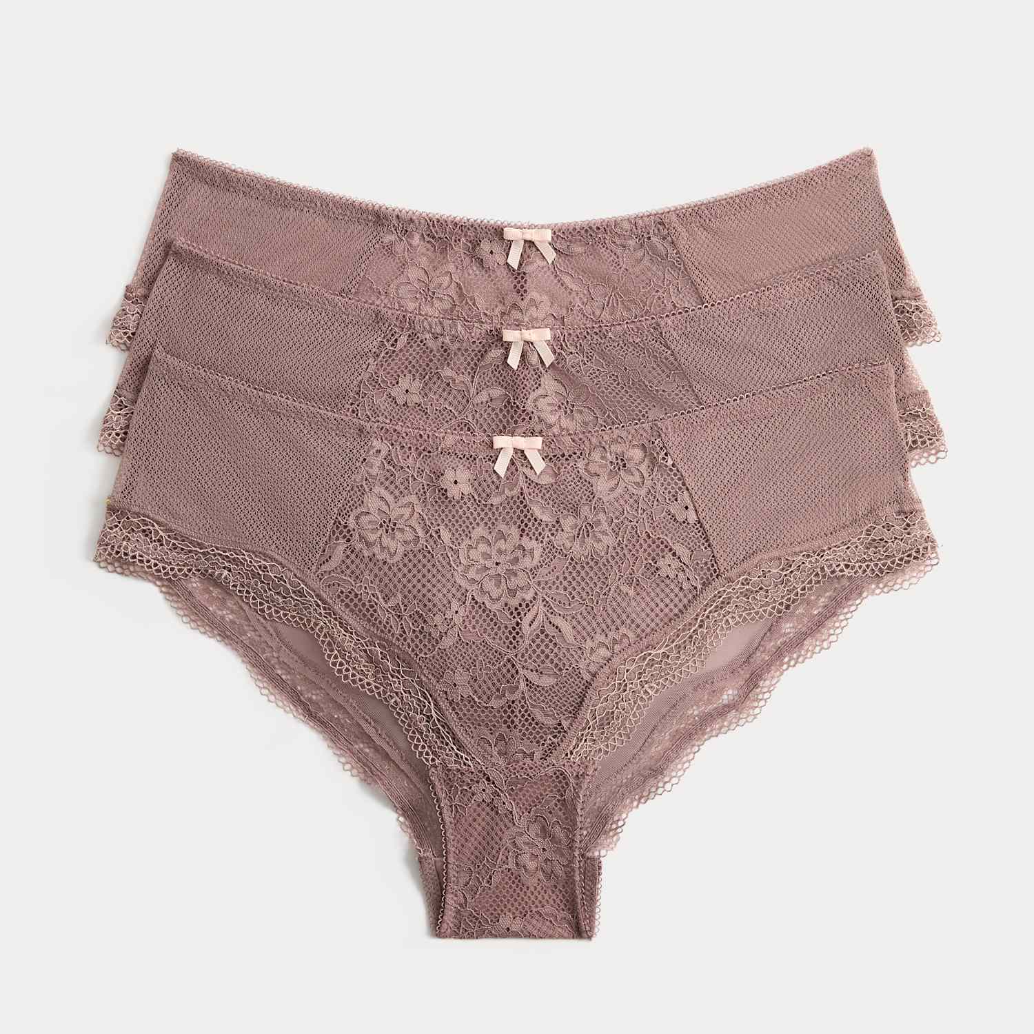 M&S Women's 3 Pack Jasmine All Over Lace Hipster Knickers - 6 - Praline