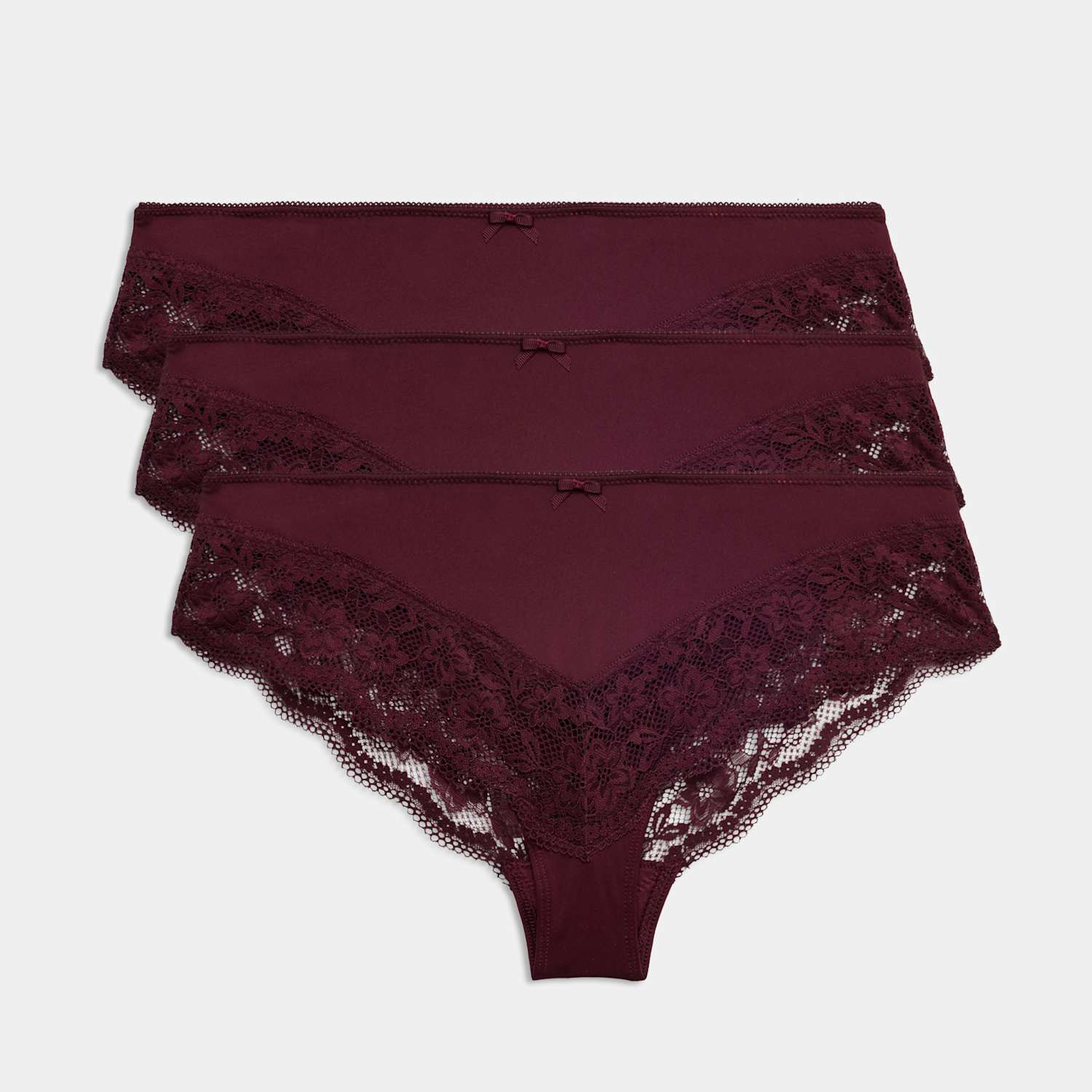 M&S Women's 3 Pack Jasmine Lace Trim Brazilian Knickers - 20 - Dark Wine