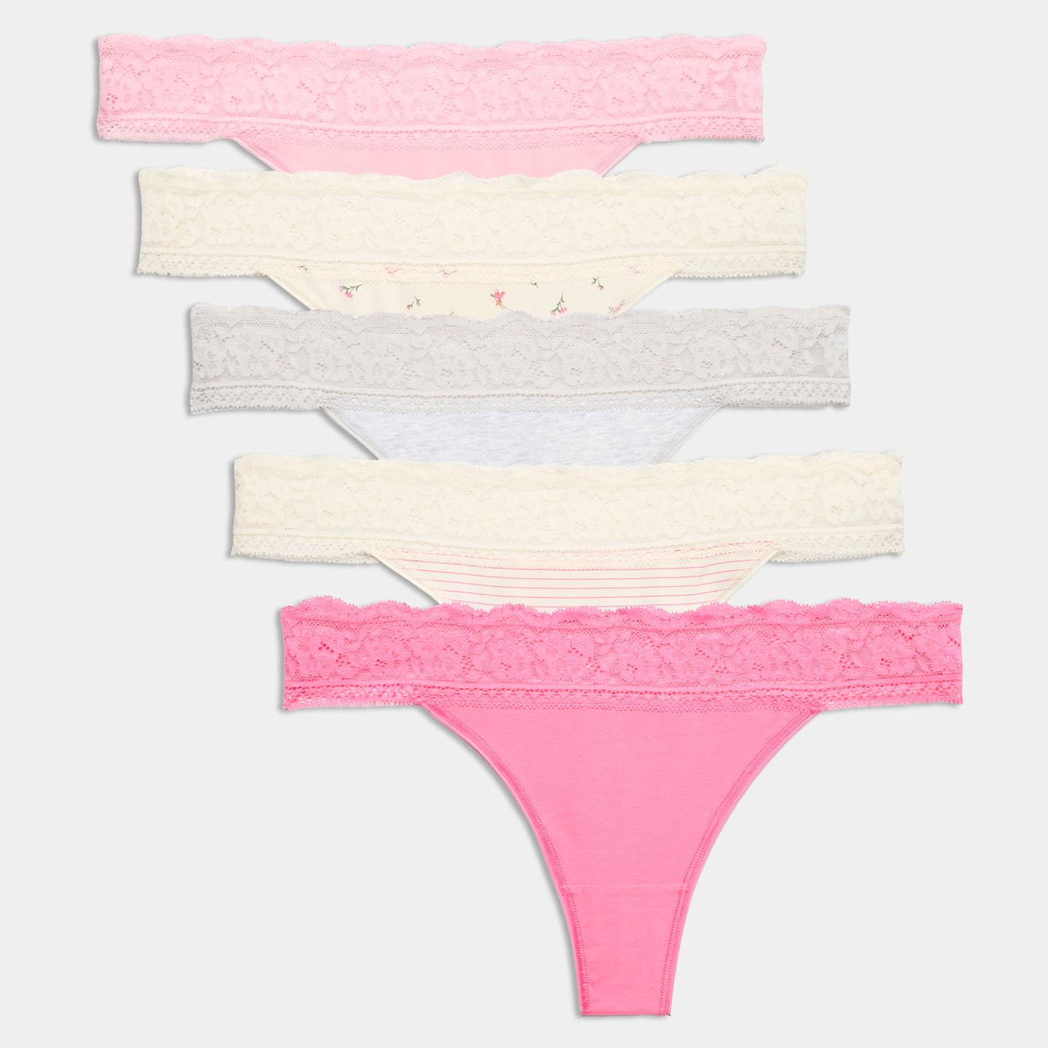 M&S Women's 5pk Cotton & Lace Printed Thongs - 24 - Pink Mix